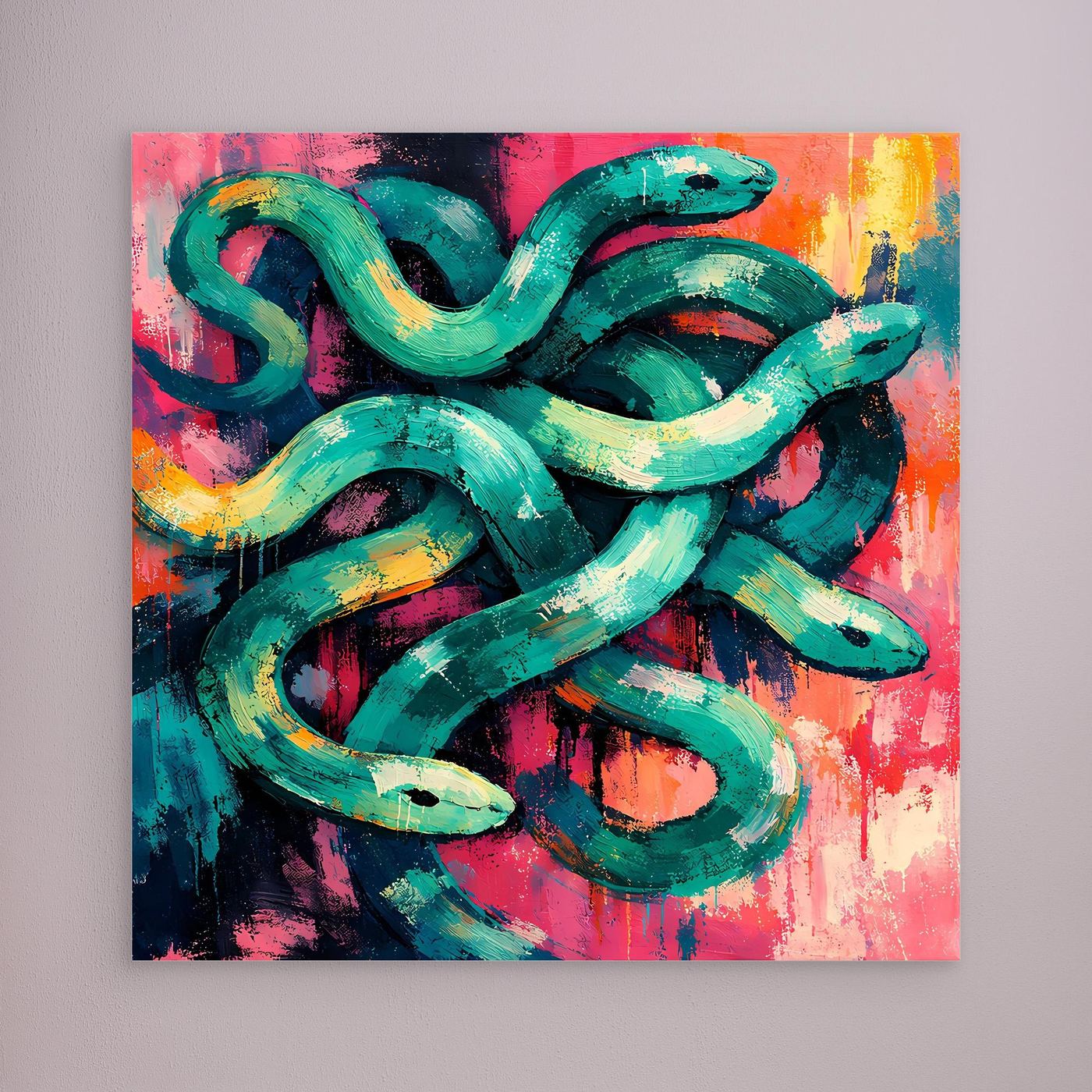 Abstract snake wall art canvas, teal-green coils with pink and orange splashes, no frame