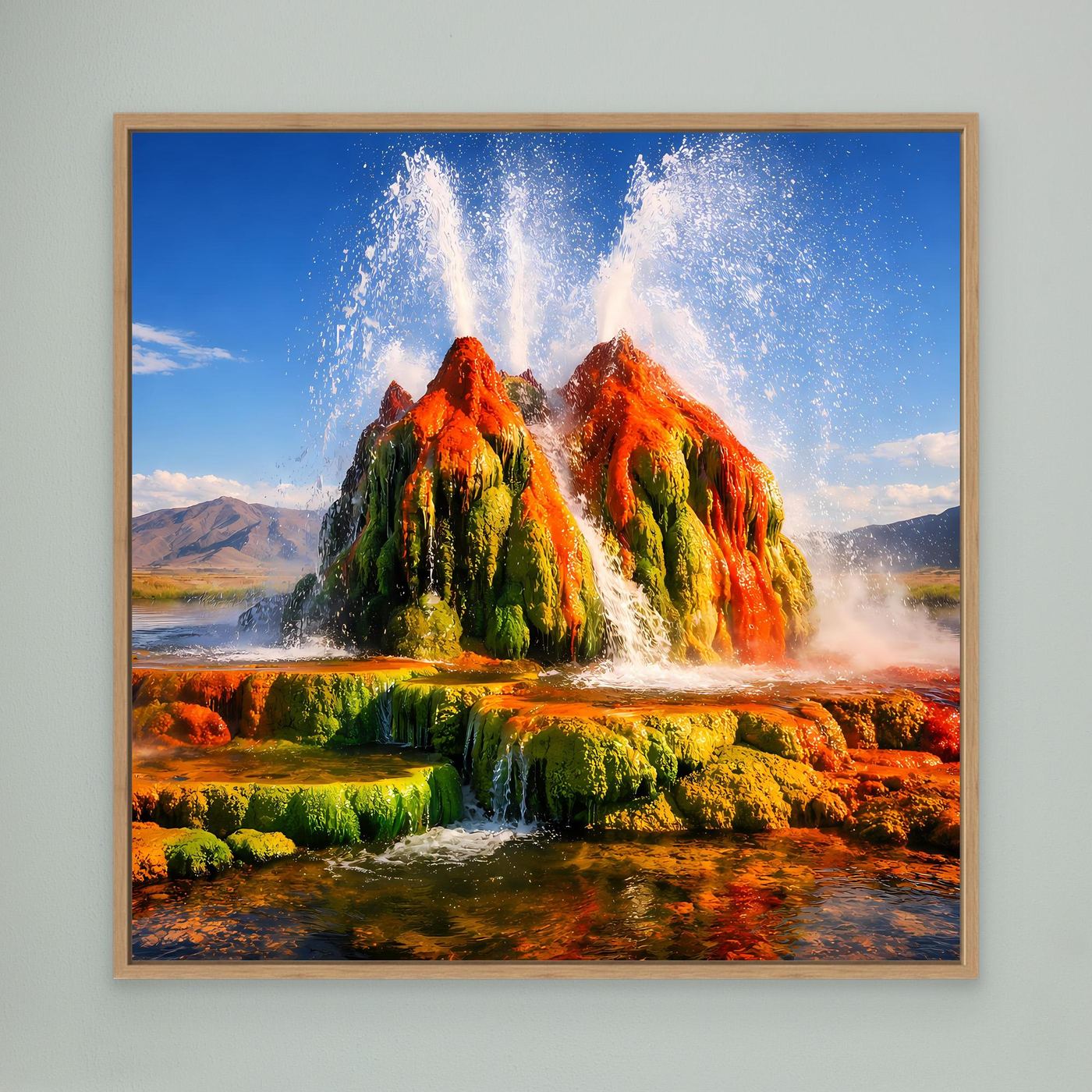 Leinwandbild mit Geysir-Motiv und Eichenrahmen, leuchtende Farben und Wasserfontänen