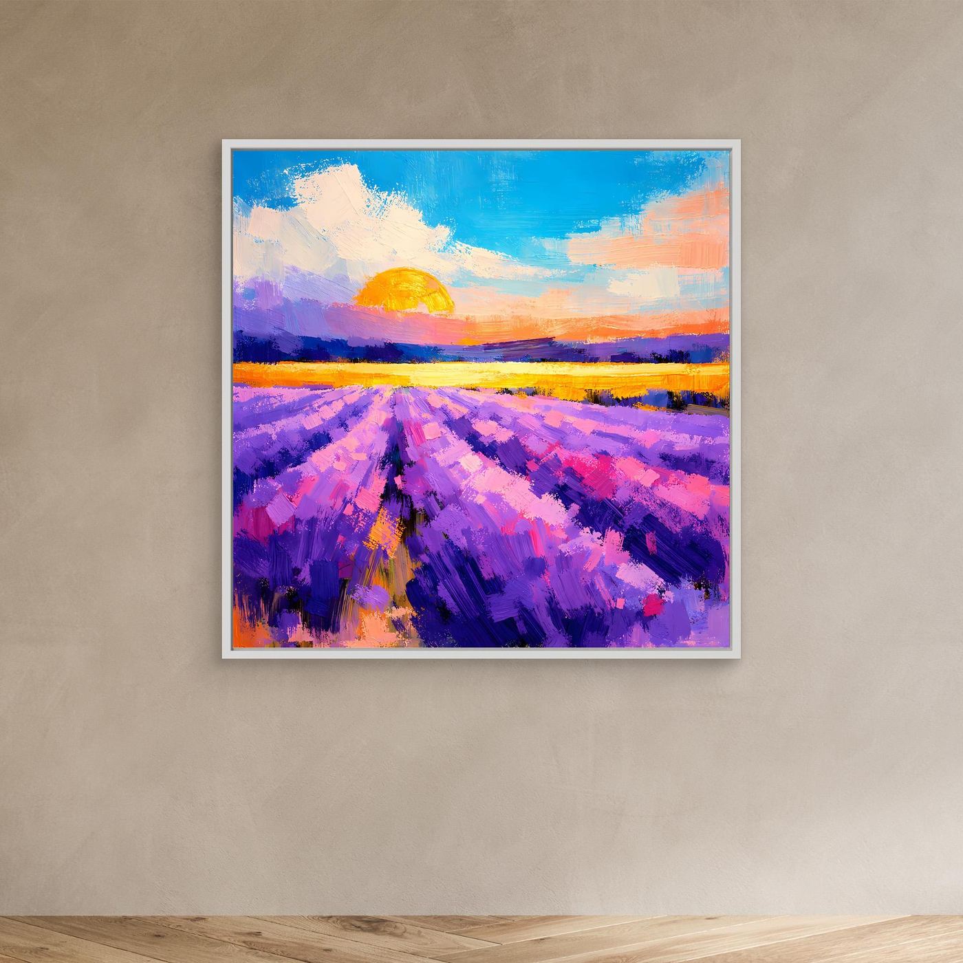 Gerahmtes Leinwandbild mit Lavendelfeld bei Sonnenuntergang, weißer Rahmen, violette Pinselstriche