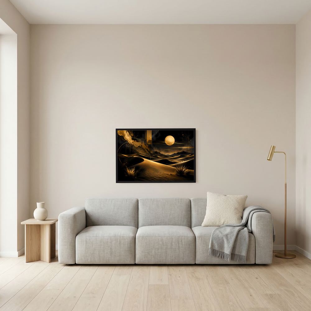 Wüstenlandschafts-Poster im schwarzen Rahmen: goldener Mond, Dünen im Dunkelton