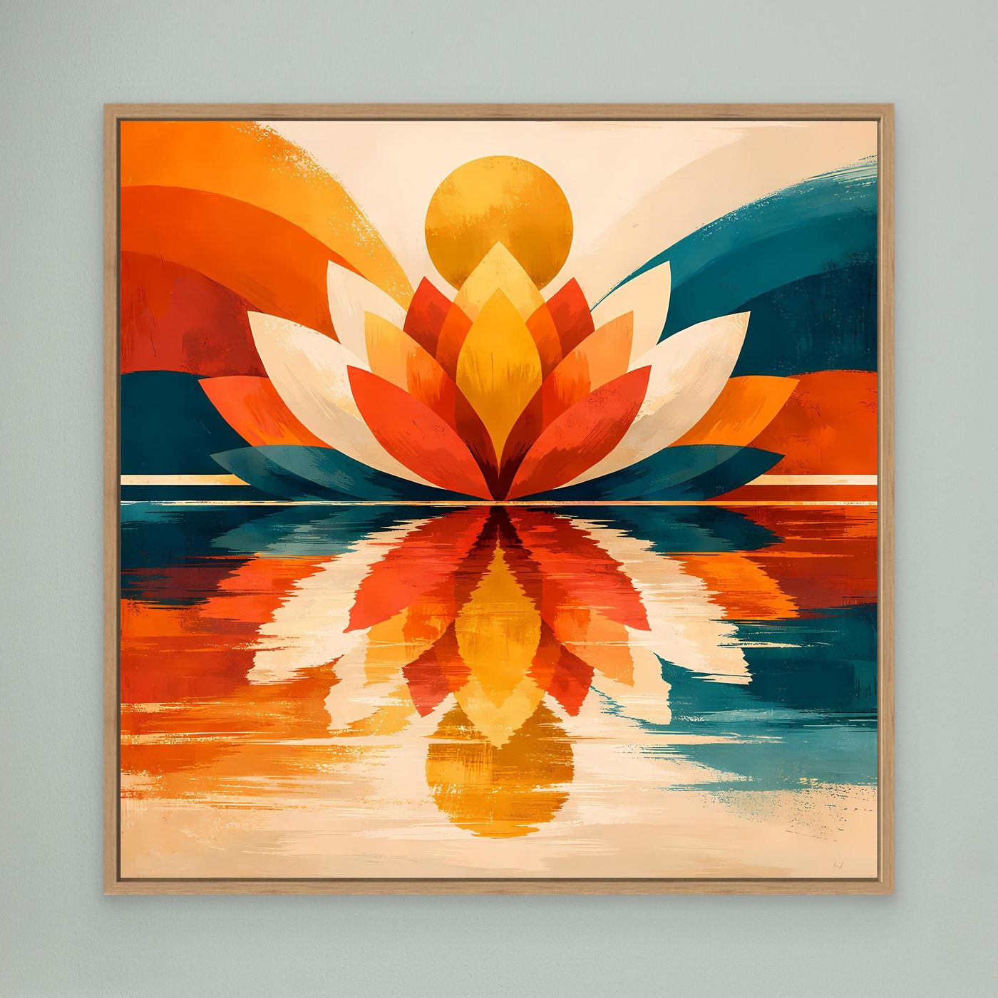 Abstraktes Lotus-Leinwandbild mit Holzrahmen, symmetrisch, orange und türkis