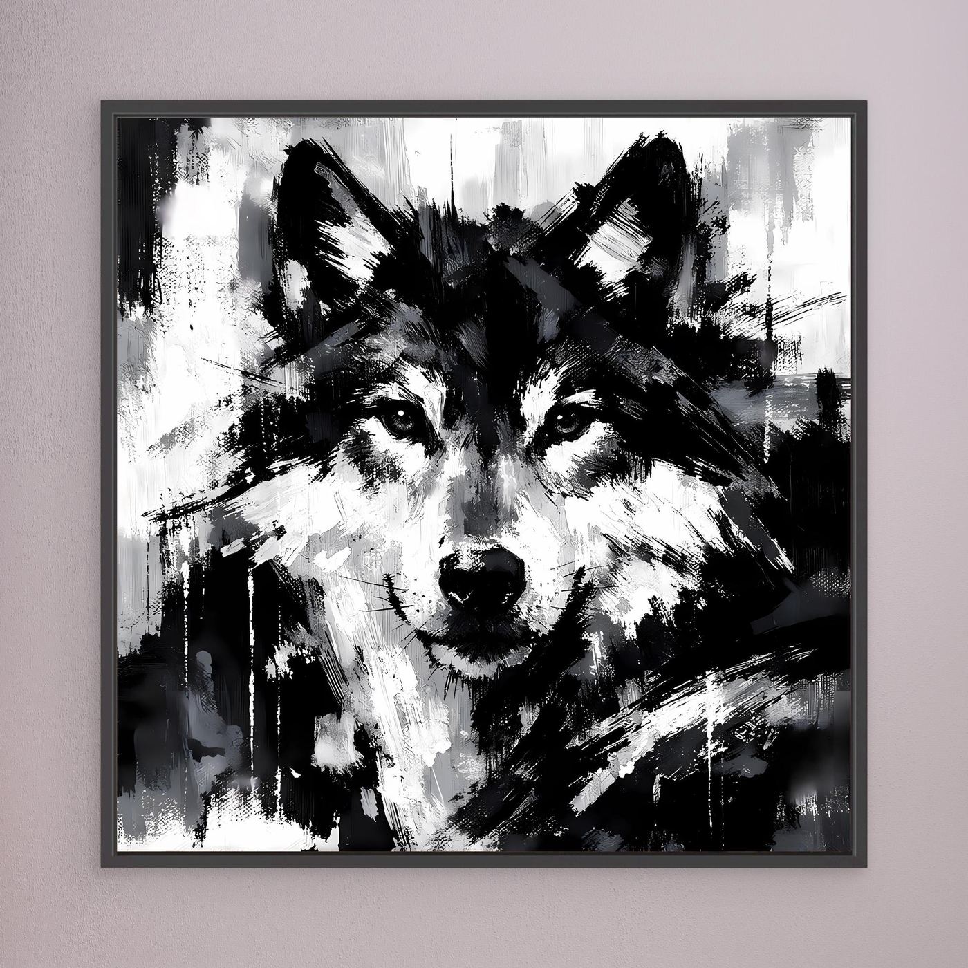 Wolf-Wandbild (Leinwand) in Schwarzweiß, mit dunklem grauem Rahmen