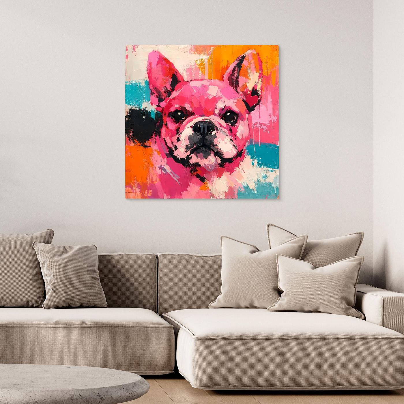 Abstract French bulldog portrait canvas wall art with pink face, orange and teal paint splashes