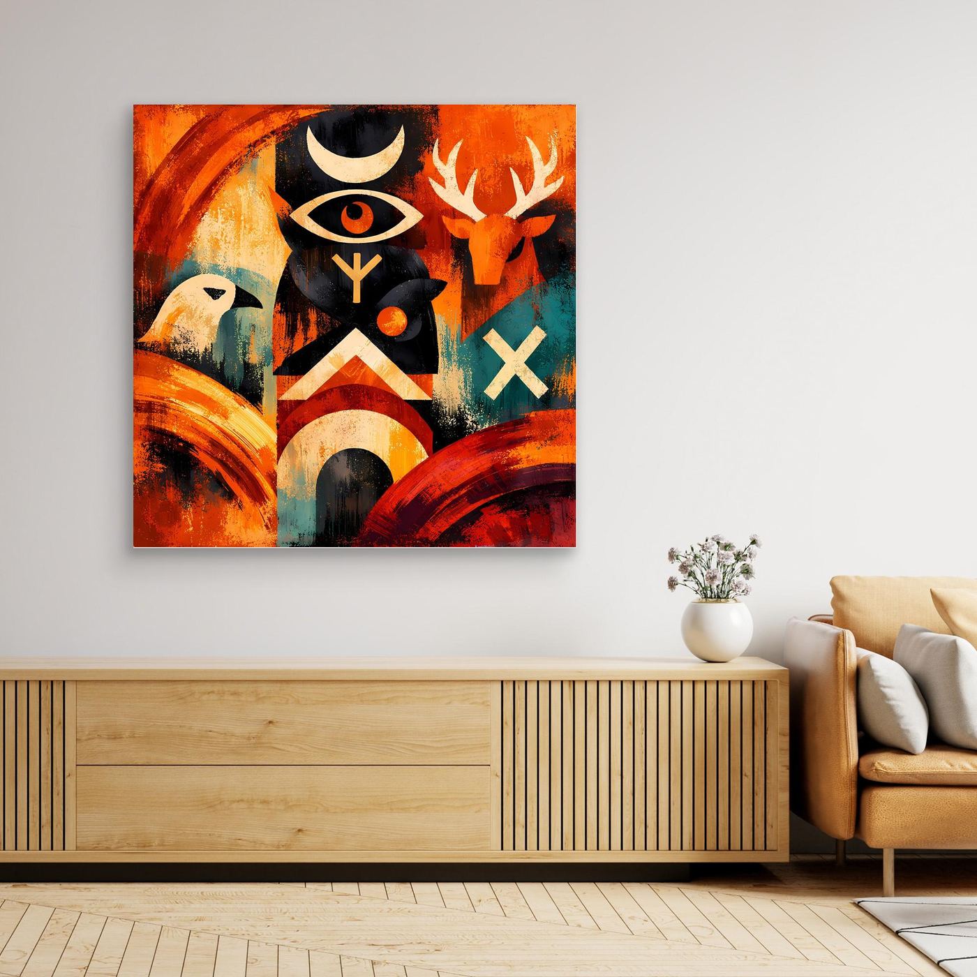 Leinwandbild mit abstraktem Totem und Runen, warm-rote und türkisfarbene Gestaltung, Holzrahmen
