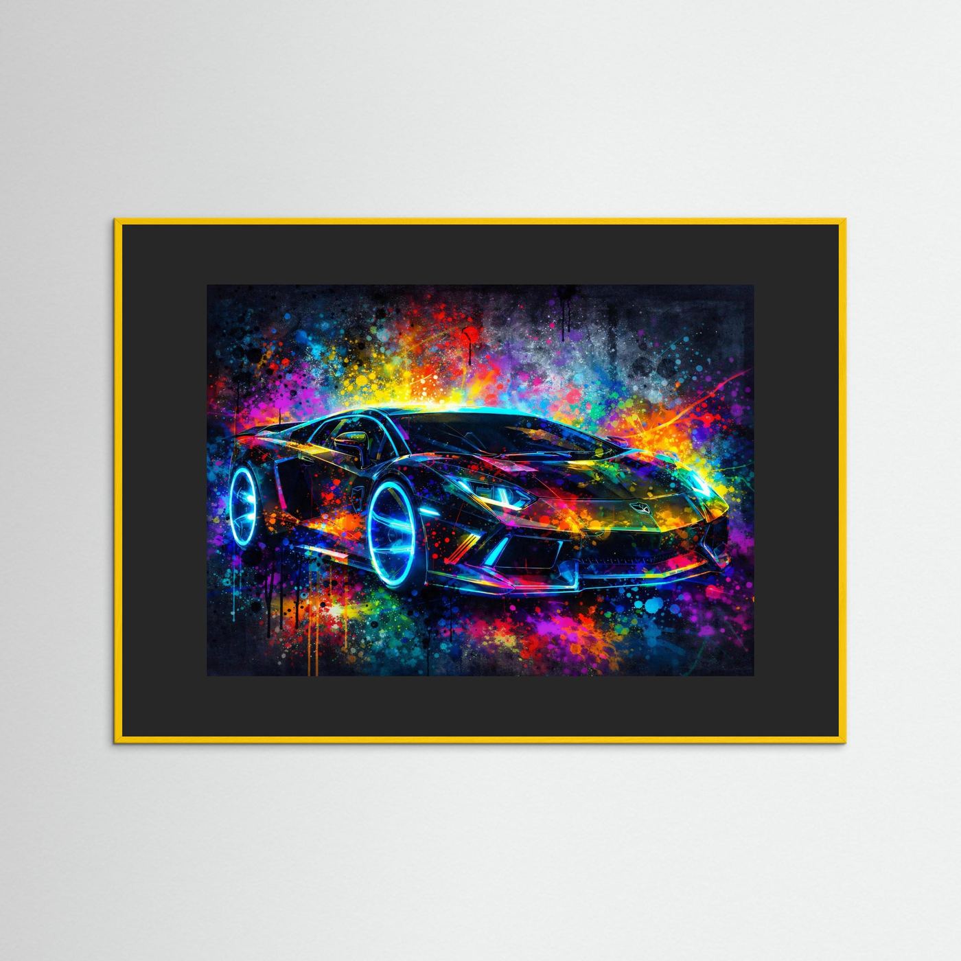 Sportwagen-Wandbild mit schwarzem Innenrahmen und gelbem Rahmen