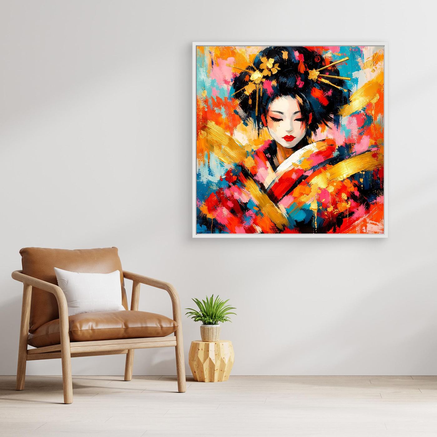 Leinwandbild Geisha-Porträt abstrakt, bunt, im Quadratformat