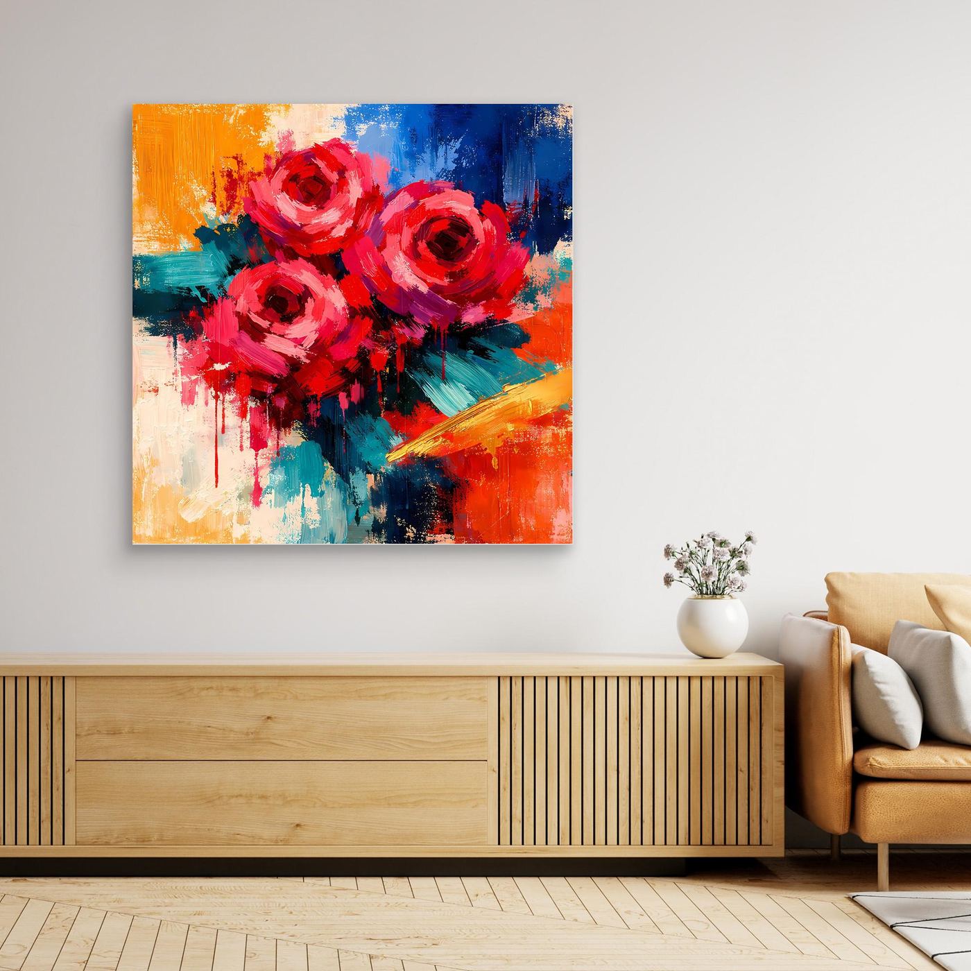 Leinwandbild mit abstrakten roten Rosen, kräftige Pinselstriche, quadratisch, mit breitem Rahmen