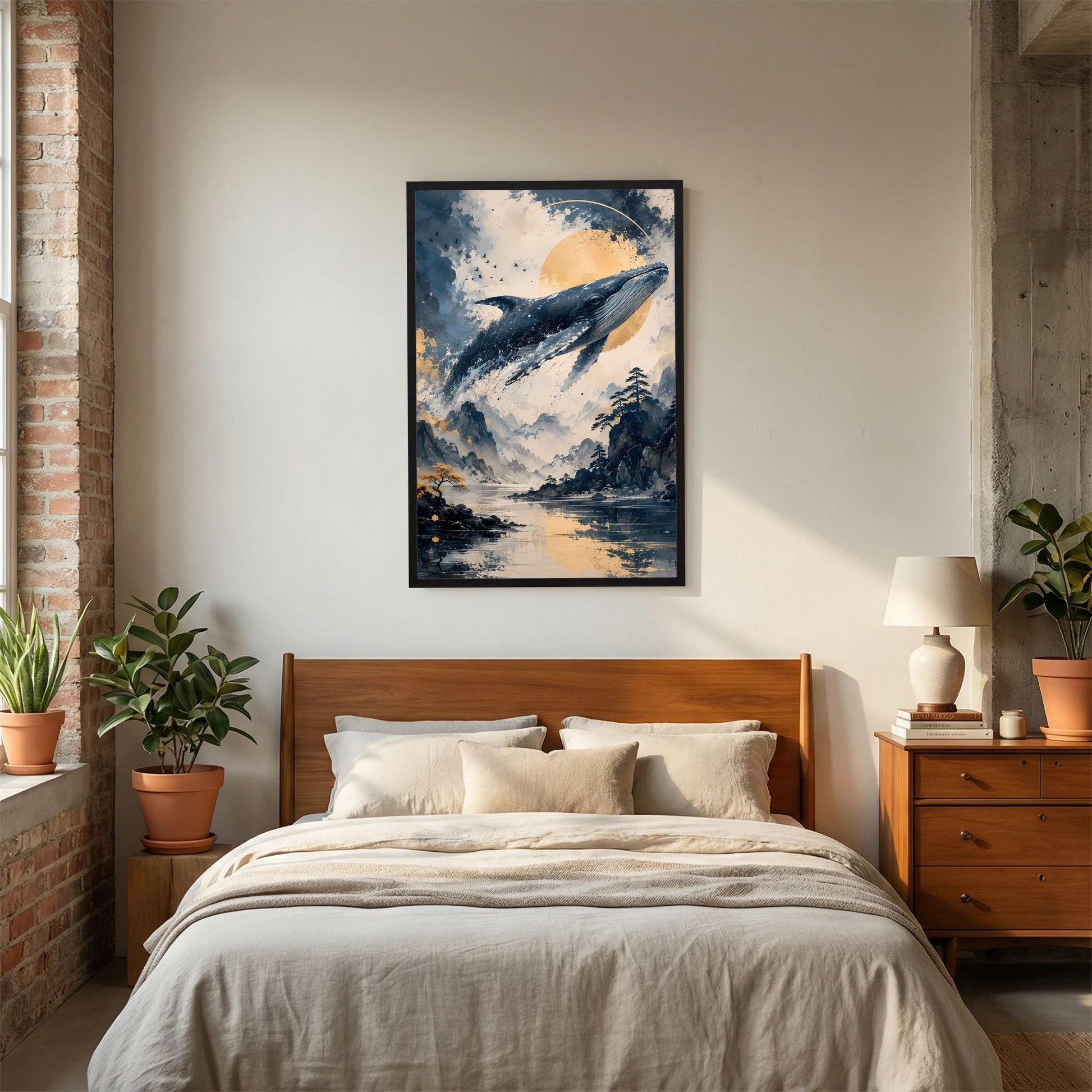 Wandposter im Hochformat mit Wal über Landschaft in Blau und Creme im dunklen Rahmen
