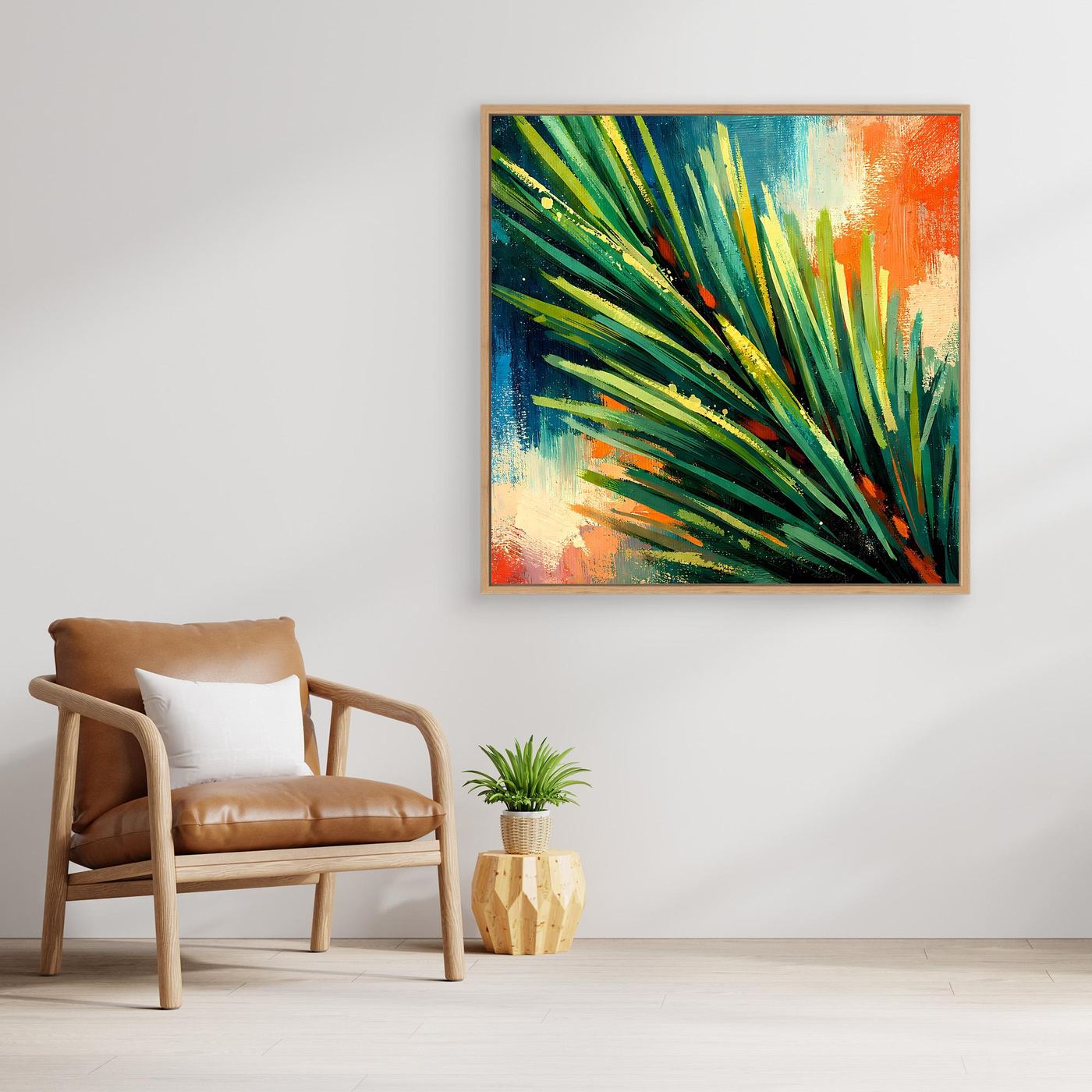 Quadratisches Leinwand-Wandbild mit grünen Pinselstrichen und kontrastreichen Blau-Orange-Tönen