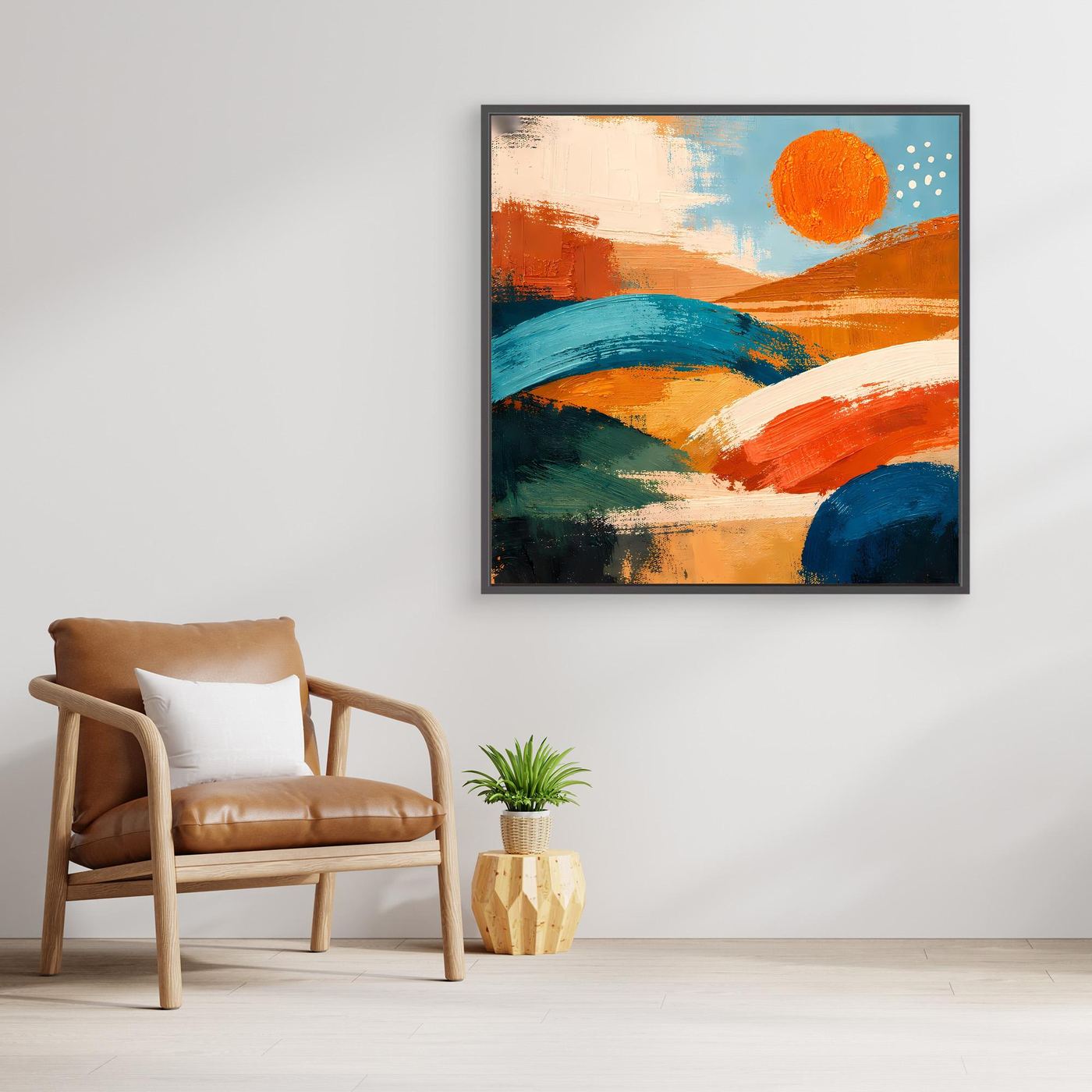 Square framed abstract landscape wall art with orange sun, teal waves, and dark blue foreground.