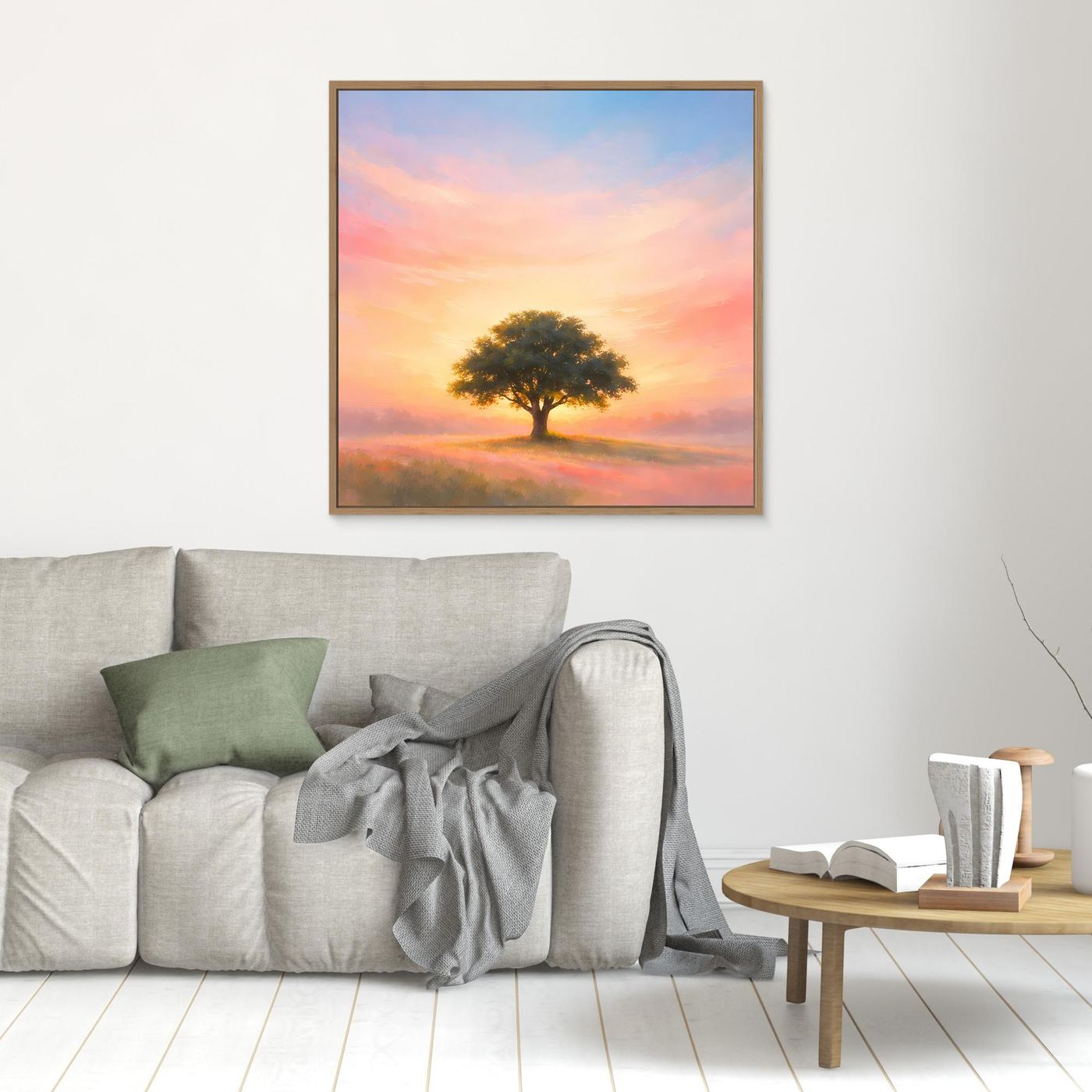 Wandbild mit Holzrahmen: einsamer Baum in Pastell-Sonnenaufgangslandschaft