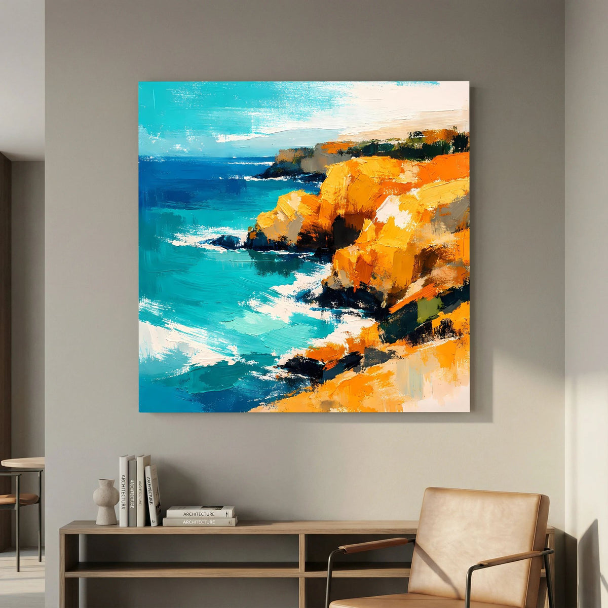 Leinwand Abstraktes Steilküsten Gemälde | Modernes Mediterranes Meeres Wandbild Blau Gelb