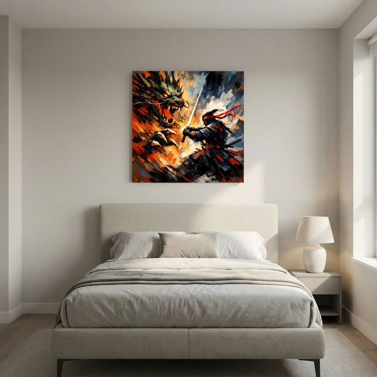 Leinwand-Wandbild mit dunkler Einfassung: Samurai und Drache, orange Explosion vor blauem Hintergrund
