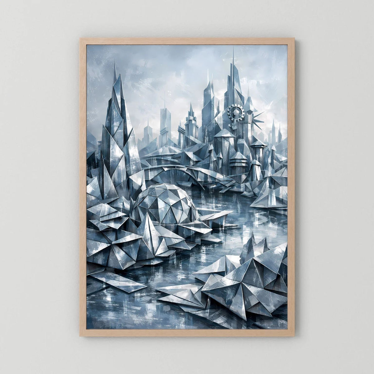 Futuristisches Stadtposter mit silbern-blauer Fantasy-Architektur, im hellen Holzrahmen.