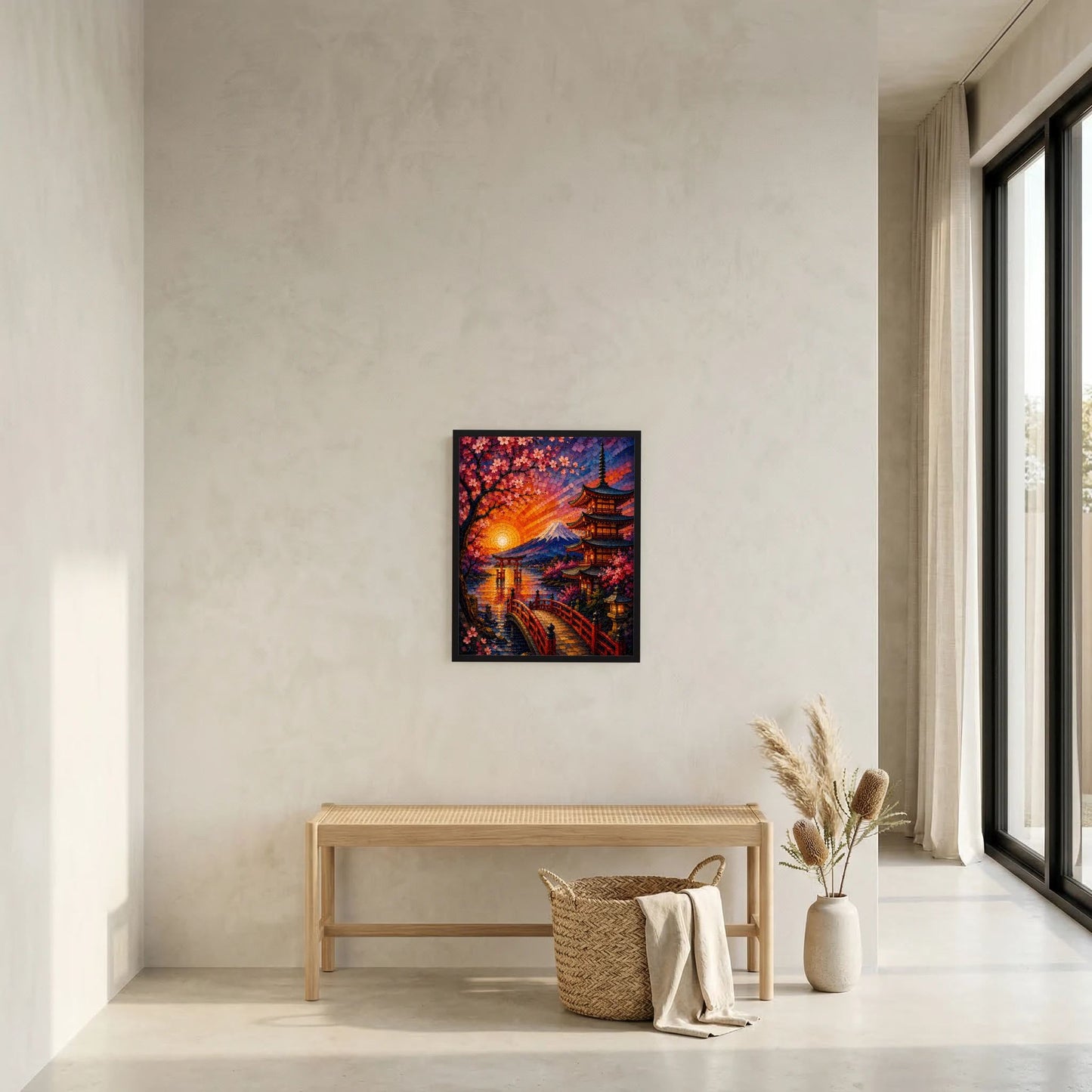 Hochformatposter im schwarzen Rahmen mit Kirschblüten, Pagode und Fuji bei Sonnenuntergang