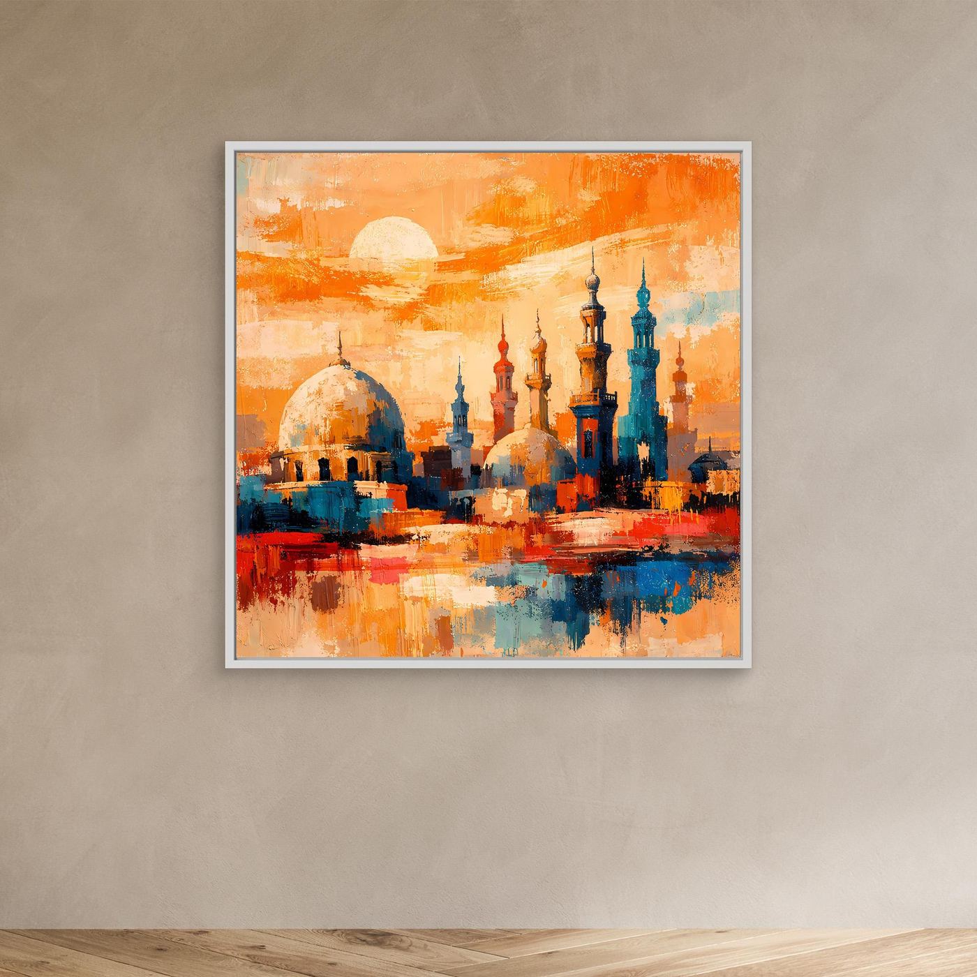 Abstraktes Leinwandbild mit orientalischer Skyline und Minaretten, weiß gerahmt, orangefarbene Sonne, blaues Wasser