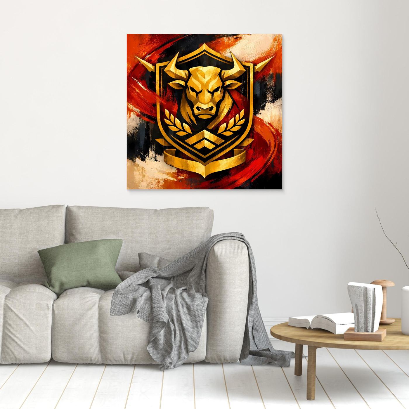 Kleines Leinwandbild mit goldener Stierkopf-Wappengrafik im Schild, Lorbeer, Rot/Schwarz auf Wand
