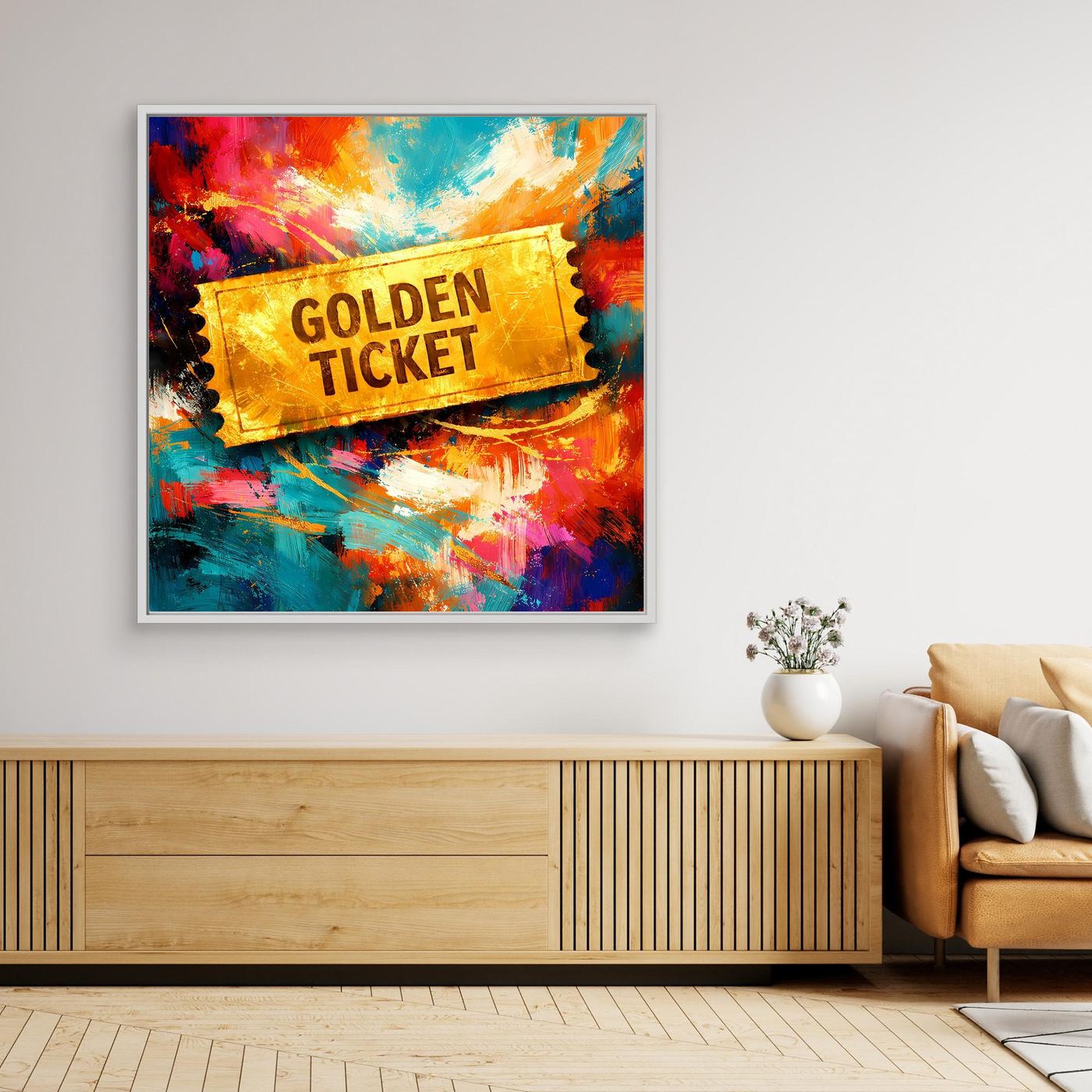 Gerahmtes Leinwandbild „Golden Ticket“ mit buntem Farbverlauf und gelbem Ticket, weißer Rahmen