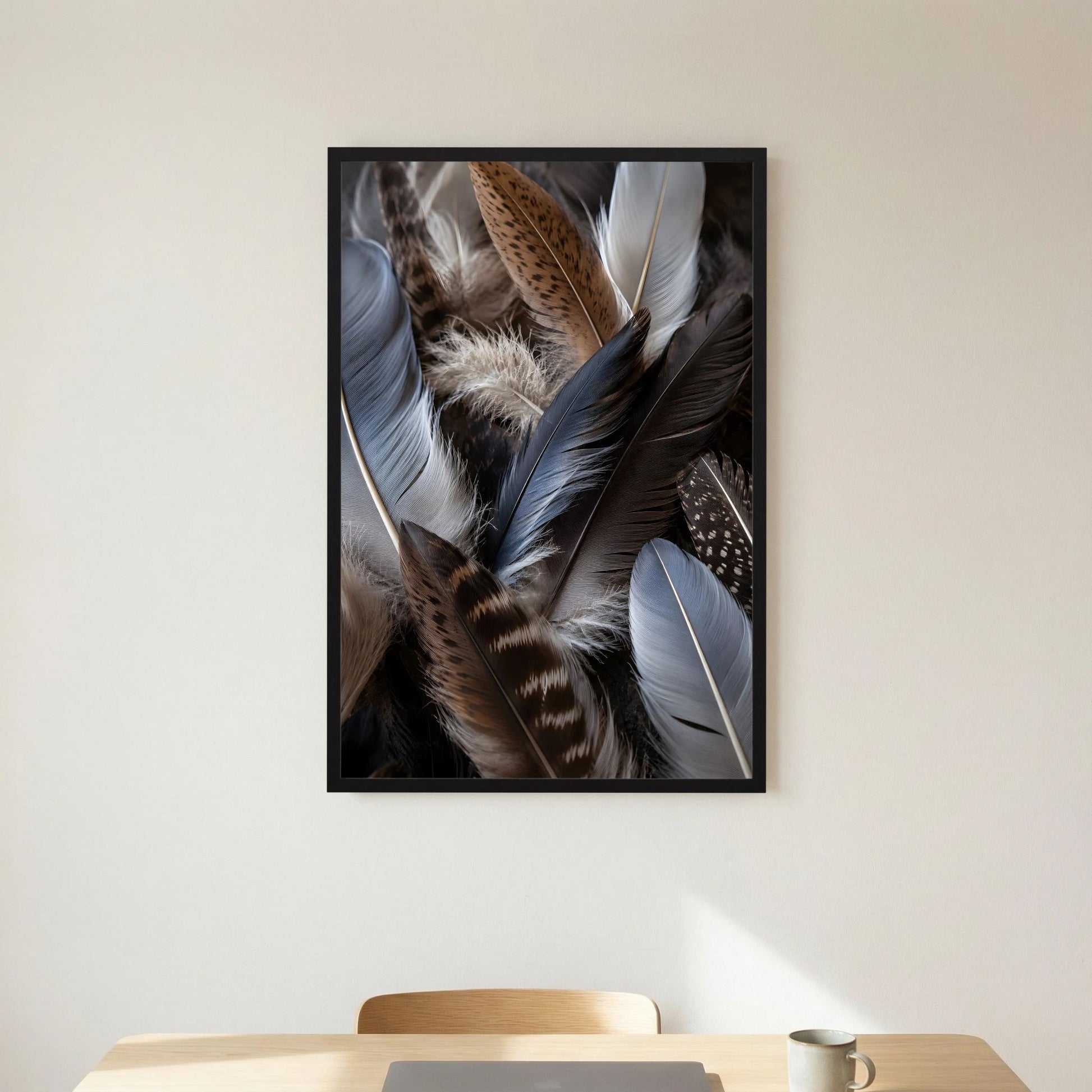 Kunstposter mit Naturfedern in Blau, Braun und Weiß im schwarzen Rahmen, zentral