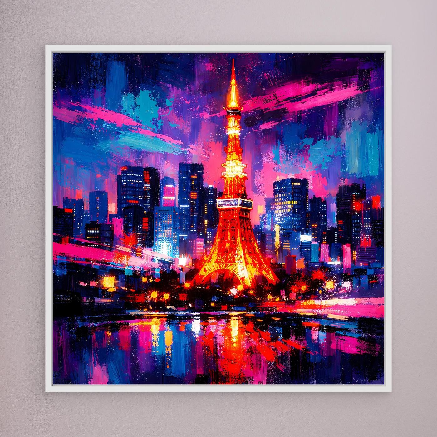 Wandbild mit abstrakter Skyline und leuchtendem Eiffelturm, Blau-Pink-Rot, weißer Rahmen