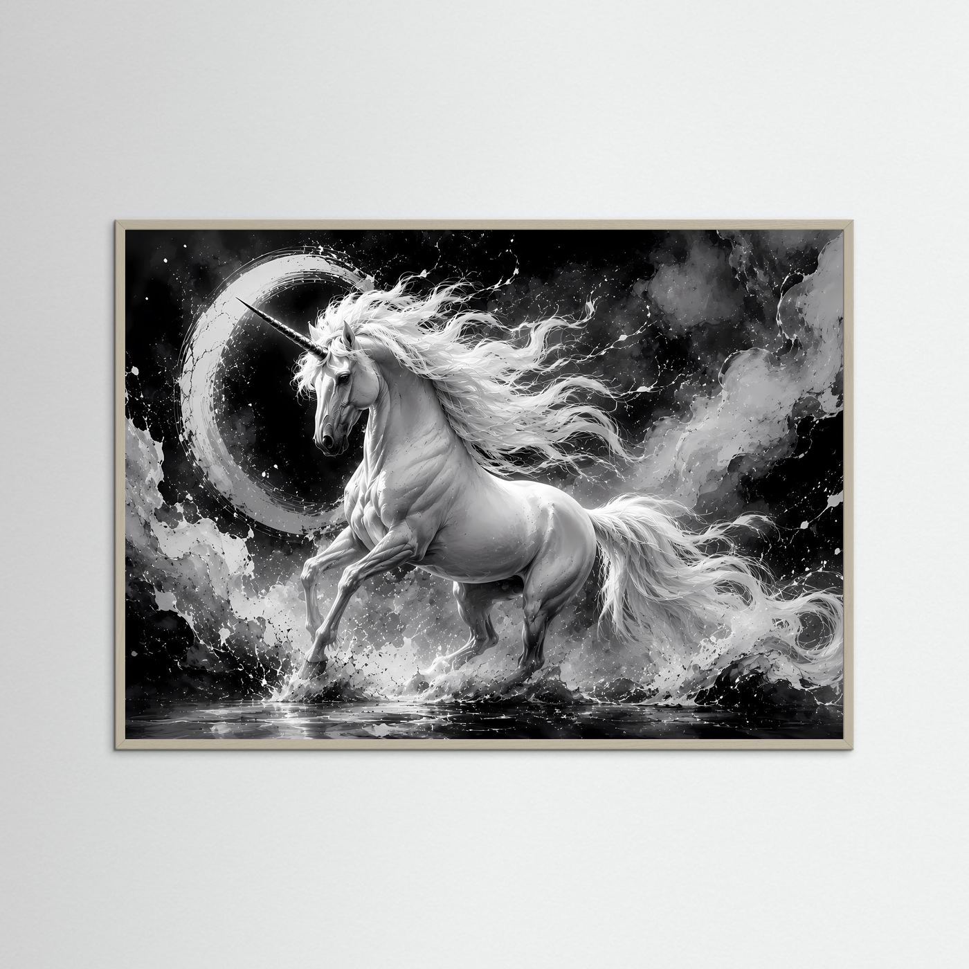 Einhorn Schwarz Weiß Poster Querformat | Mystische Fantasy Wandkunst | Monochrome Elegante Leinwandkunst
