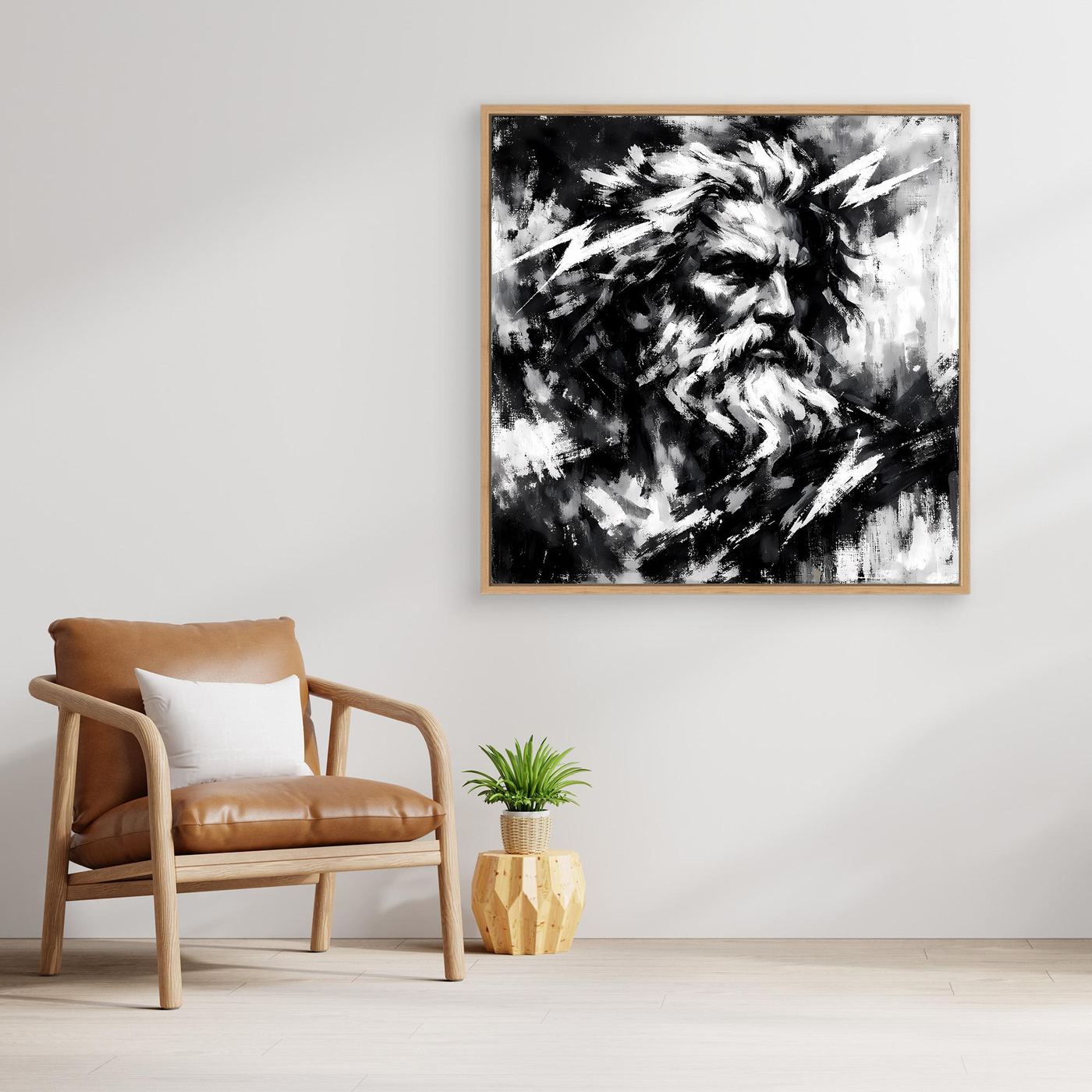 Black-and-white abstract Zeus portrait wall art, square print in oak frame.