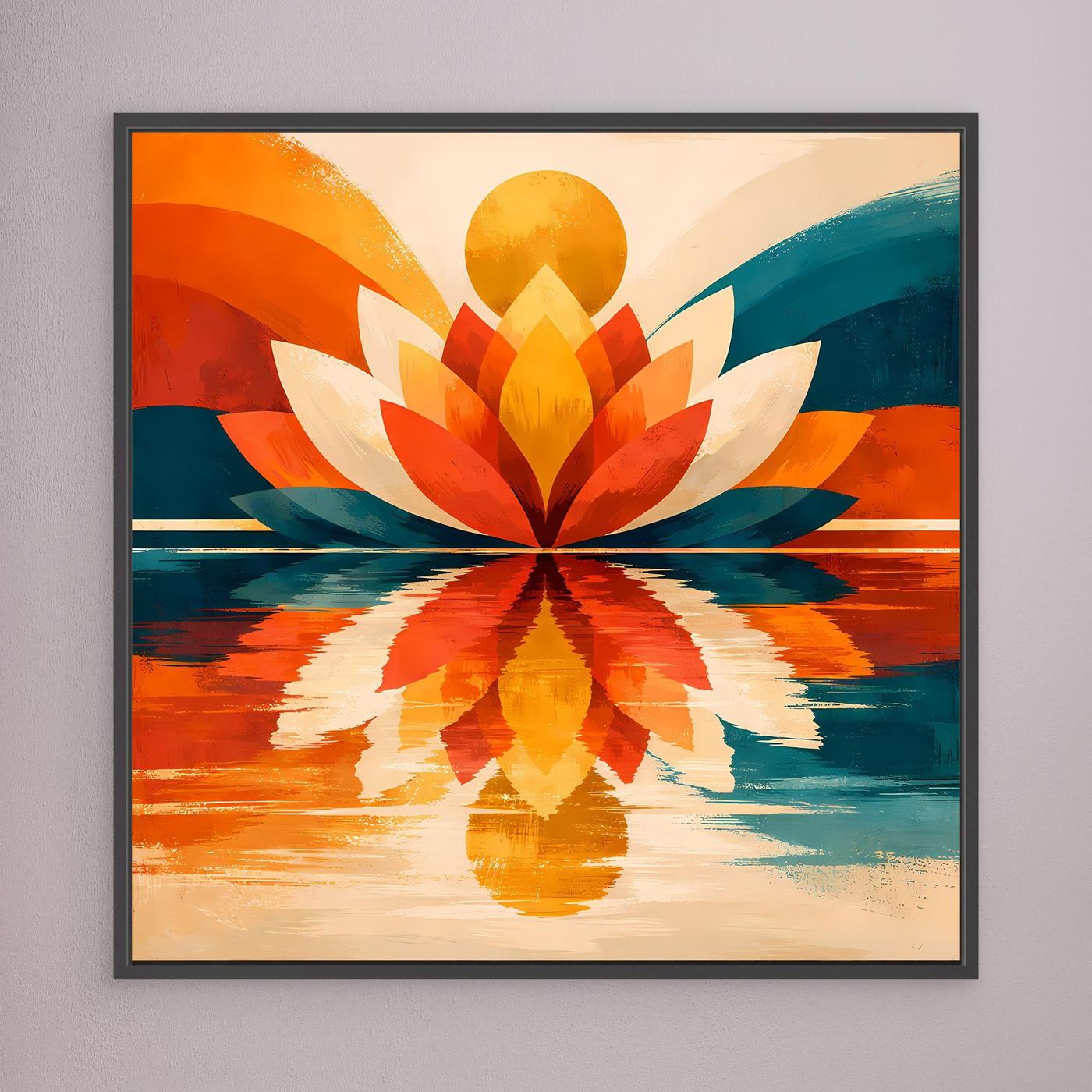 Leinwandbild mit symmetrischem Lotus-Motiv in Orange, Gelb und Türkis, dunkel gerahmt
