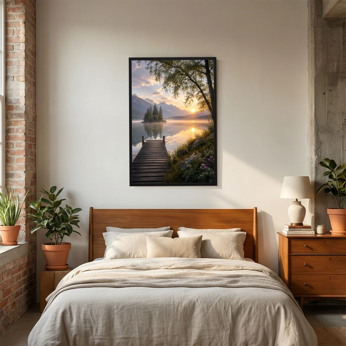 Bergsee mit Holzsteg | Sonnenuntergang in ruhiger Berglandschaft | Poster Hochformat
