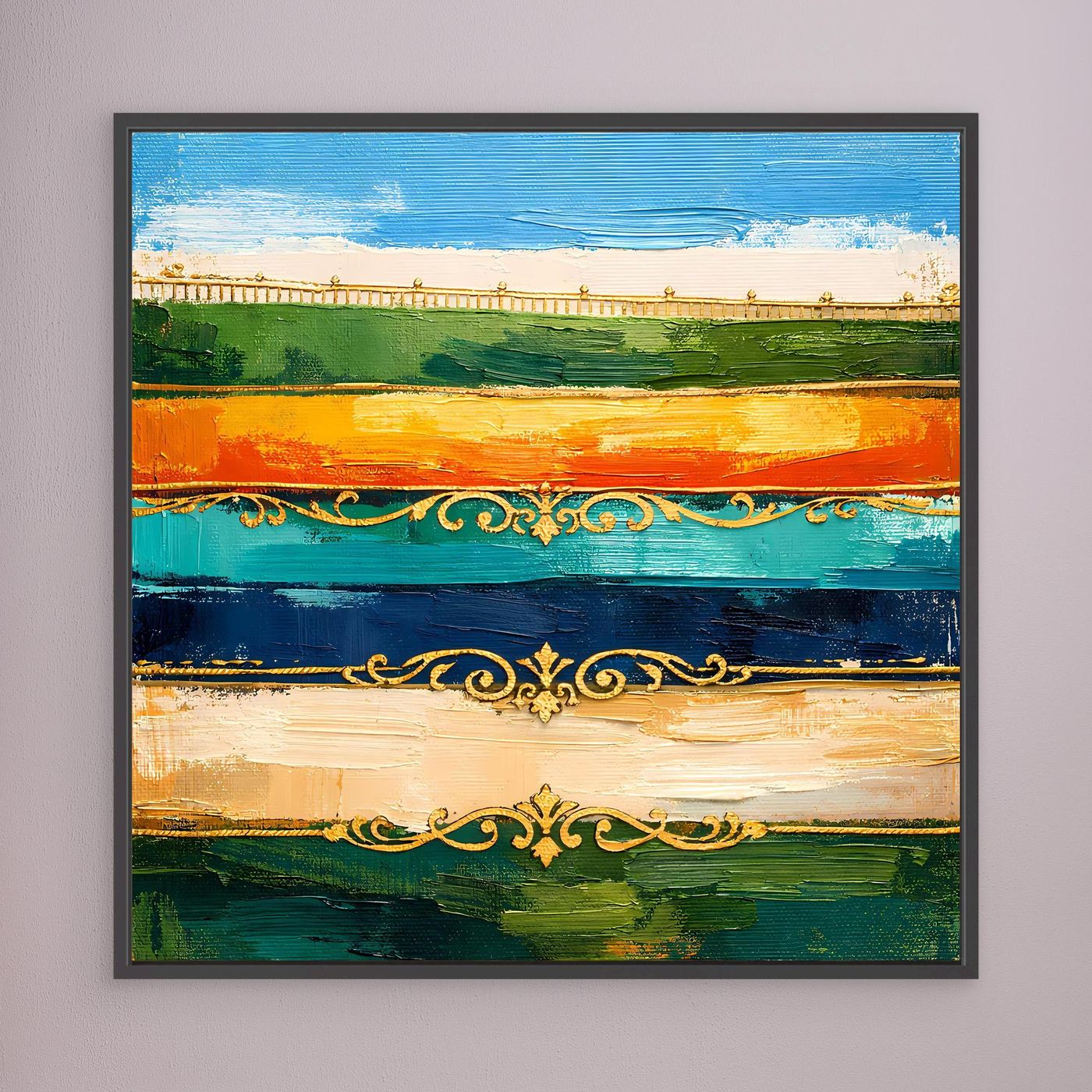 Leinwand Elegante Abstrakte Farbstreifen | Modernes Wandbild mit Goldornamenten