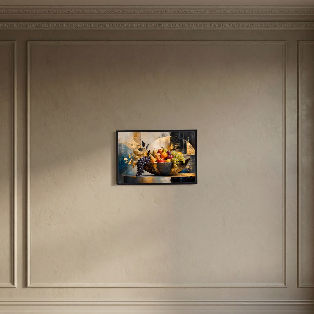 Obstschalen-Poster mit goldener Schale und buntem Obst, im schwarzen Rahmen