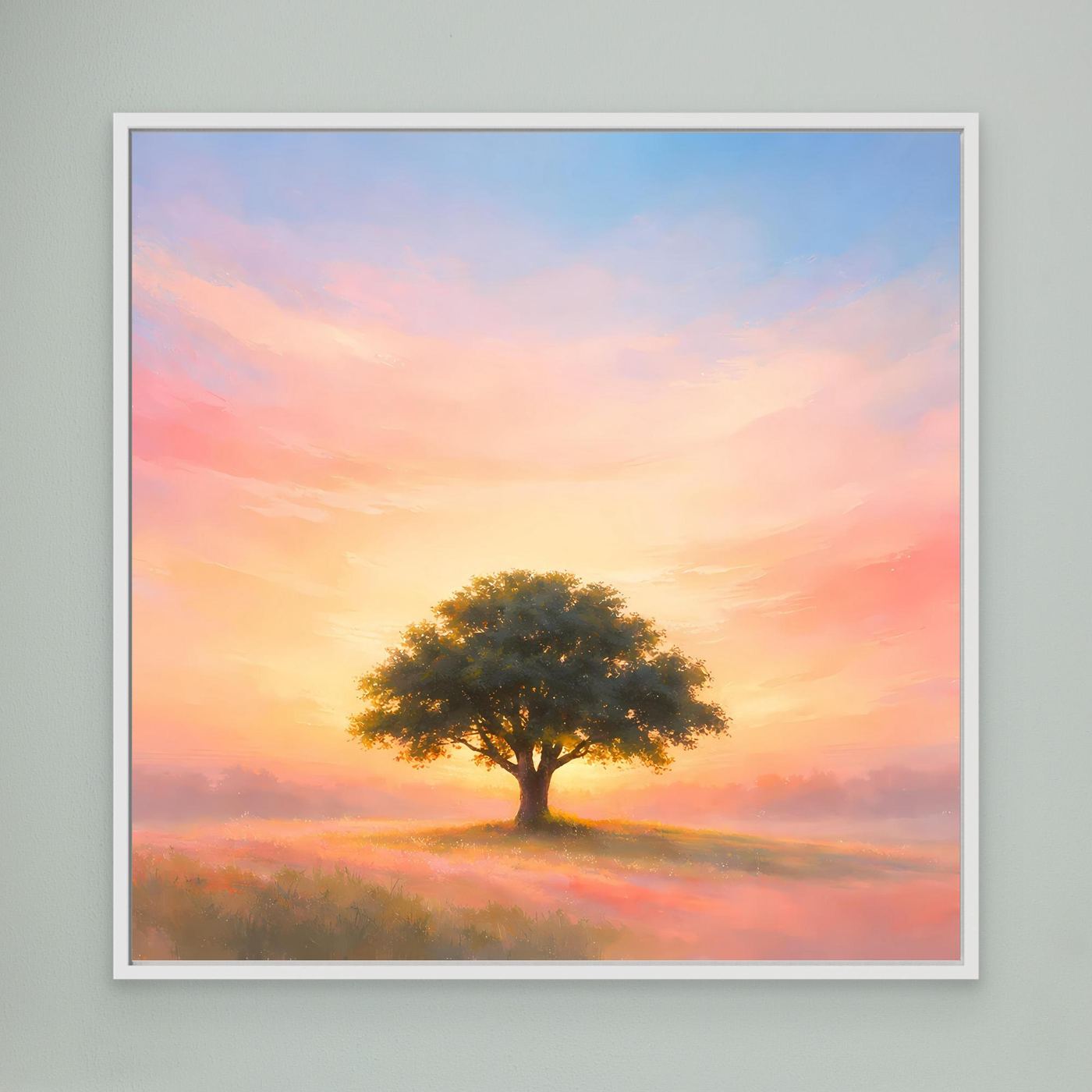 Wandbild mit weißem Rahmen: einsamer Baum bei Pastell-Sonnenaufgang
