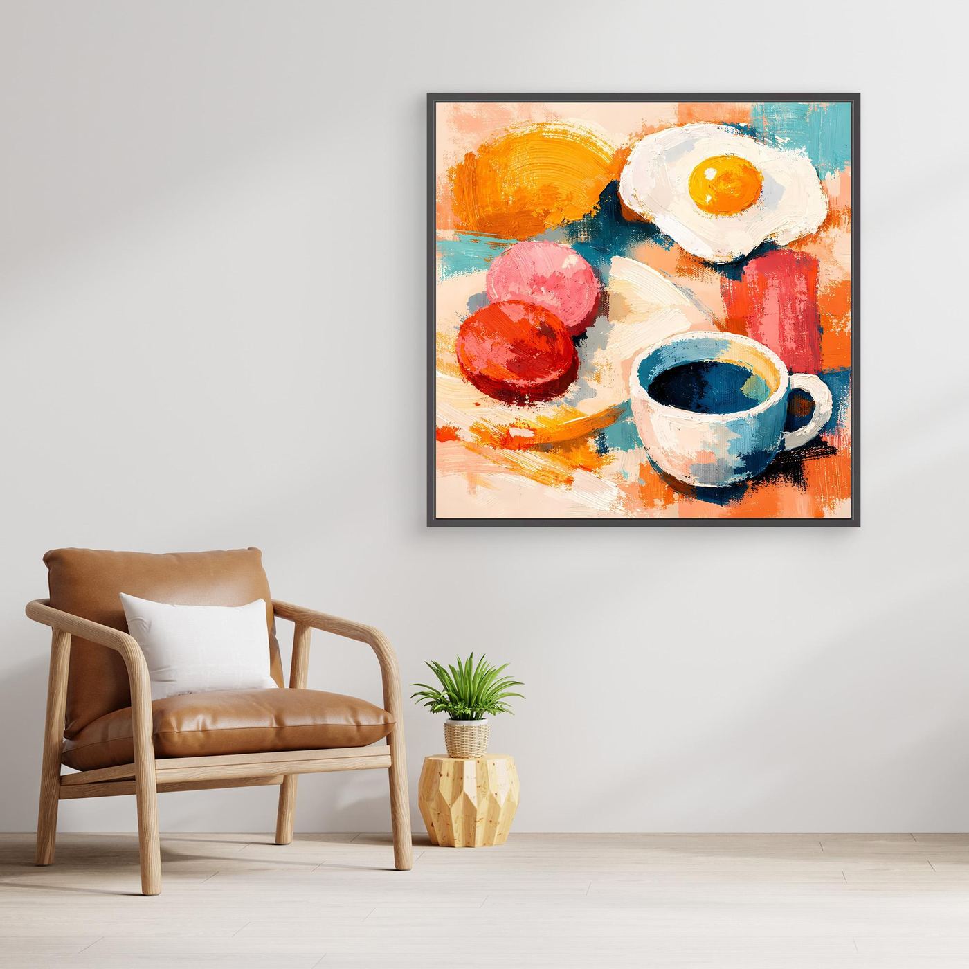 Abstraktes Wandbild aus Leinwand mit Spiegelei und Kaffeetasse, gerahmt in schwarzem Rahmen