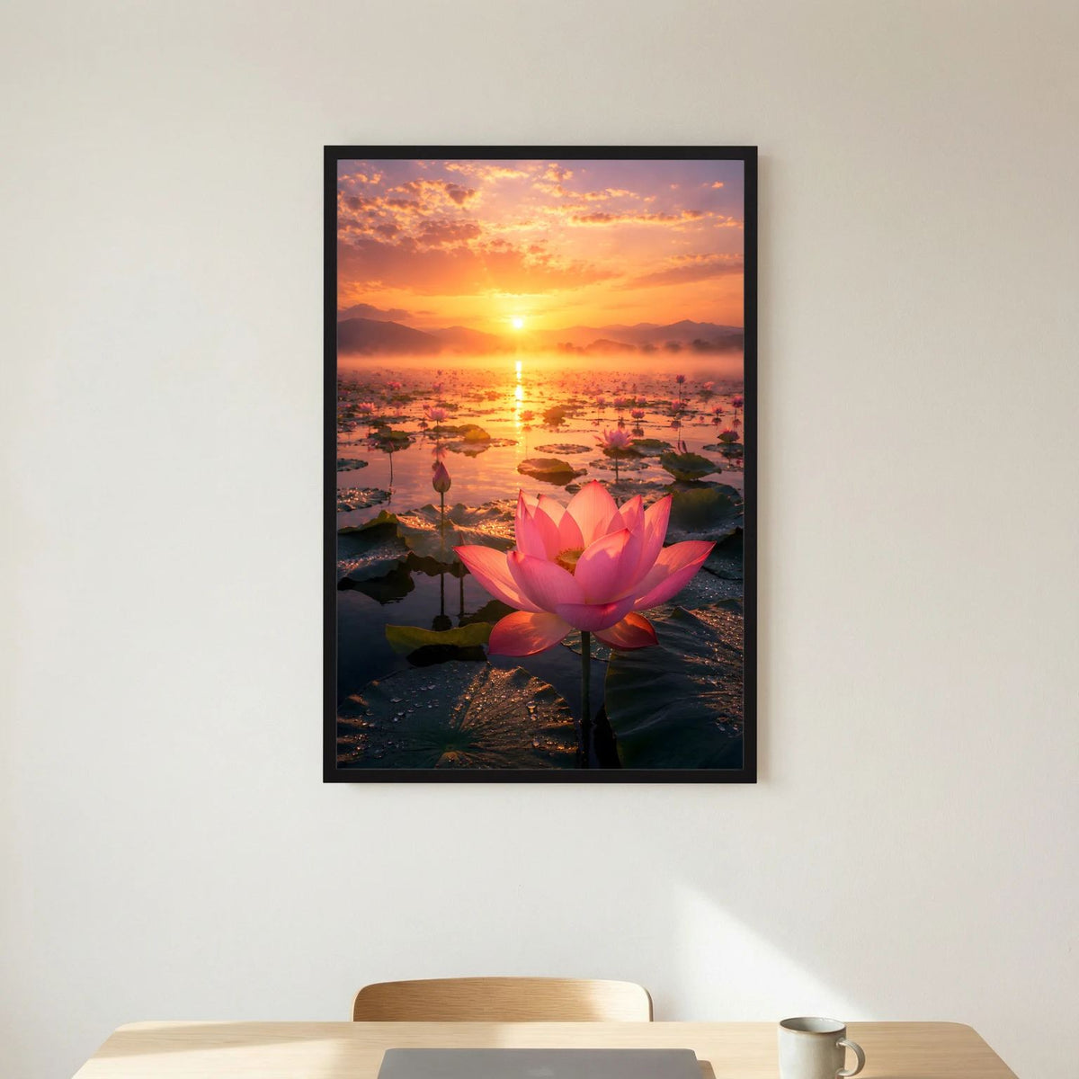 Hochformatiges Poster mit rosa Lotusblüte bei Sonnenuntergang, schwarzer Rahmen