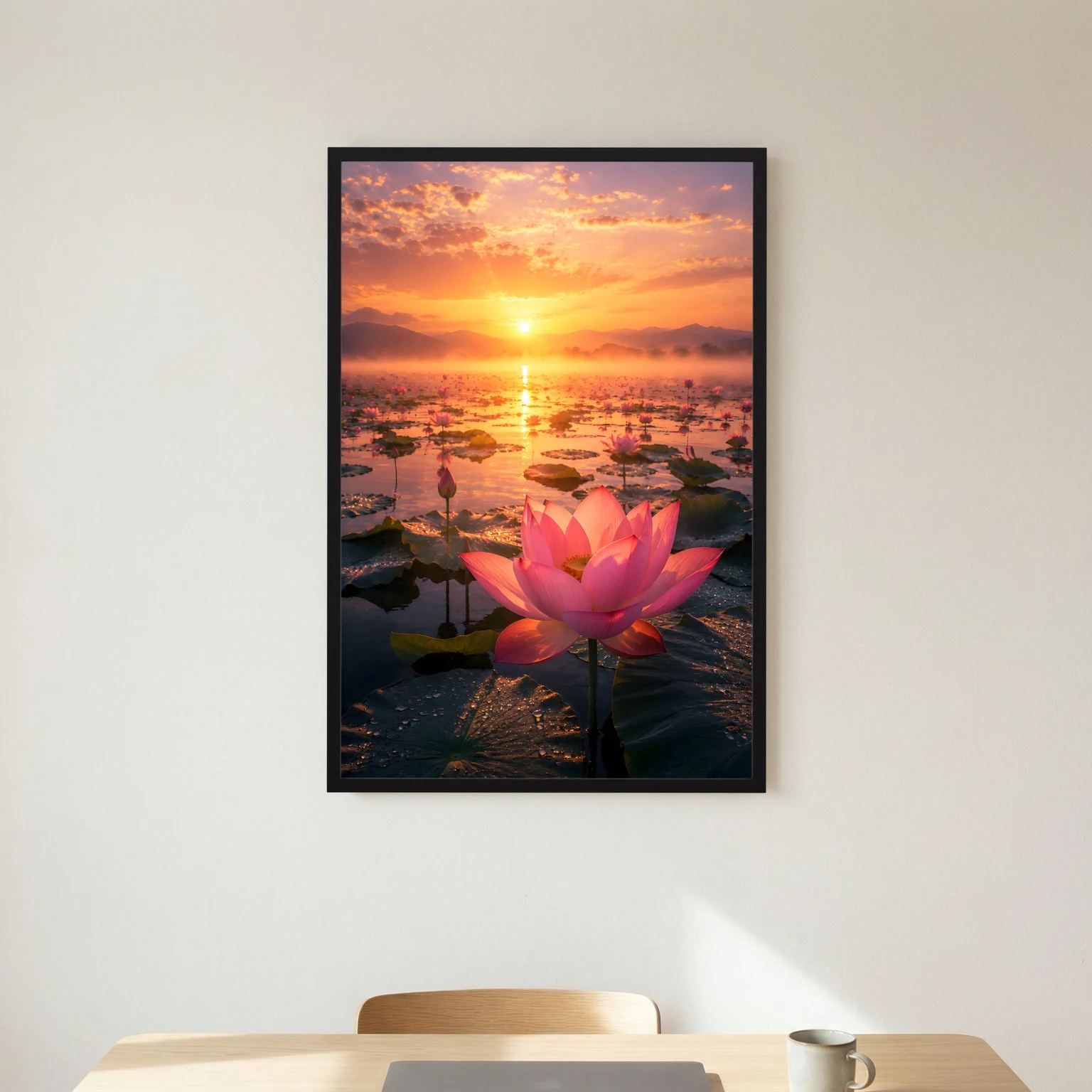 Hochformatiges Poster mit rosa Lotusblüte bei Sonnenuntergang, schwarzer Rahmen