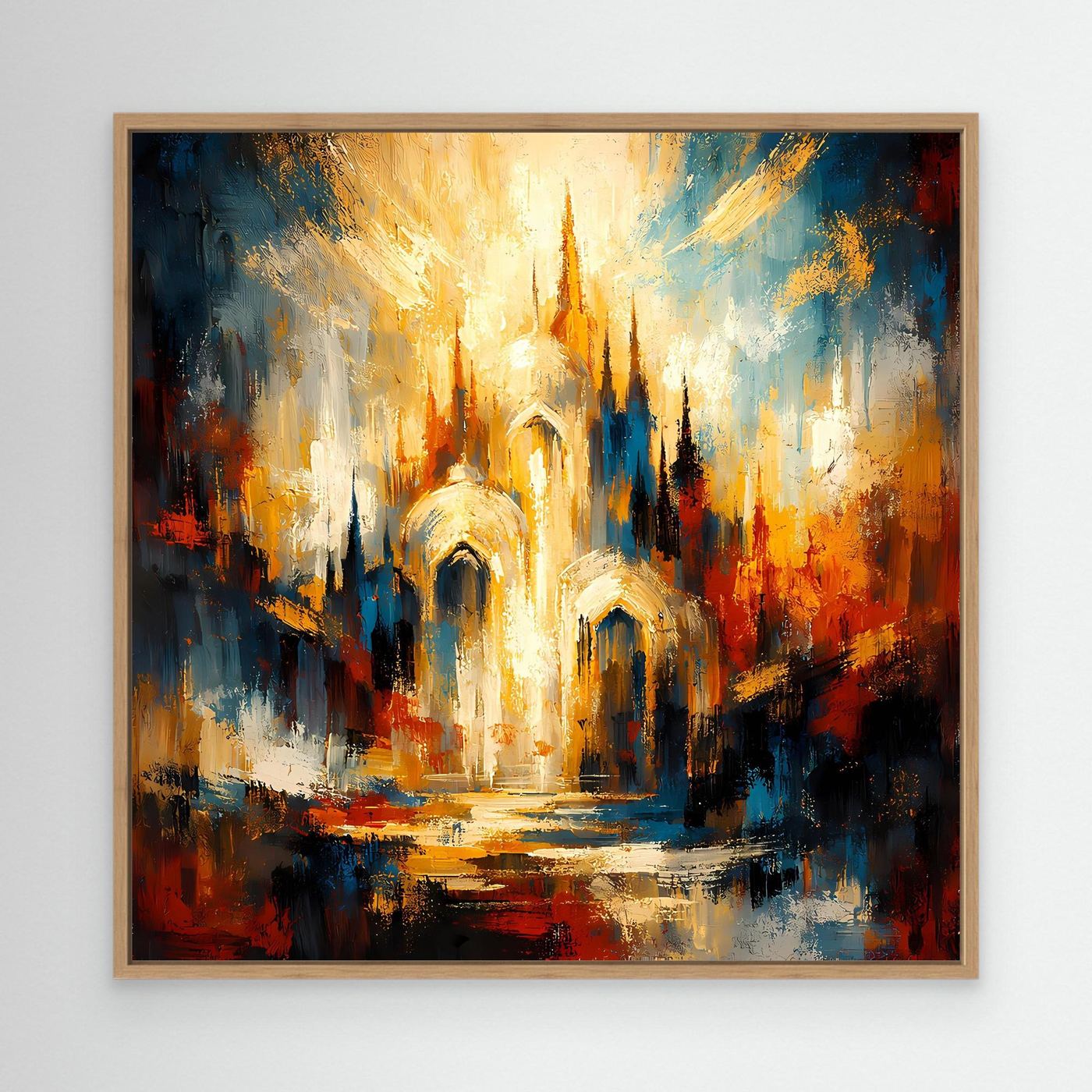 Leinwandbild „Goldene Kathedrale“: abstrakte Architektur in Gold und Blau, mit braunem Holzrahmen