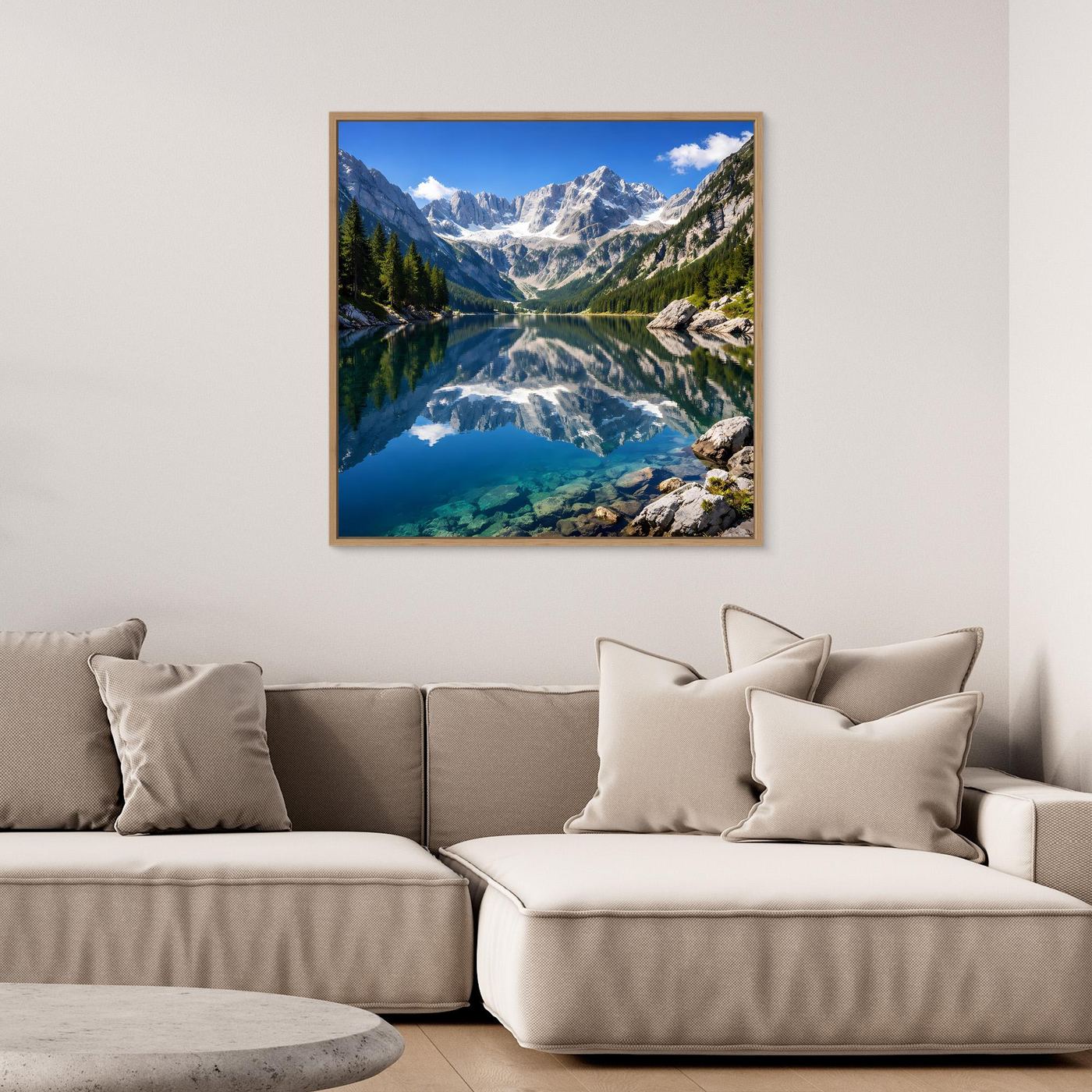 Leinwandbild Alpenpanorama mit blauem Rand und hellem Holzrahmen