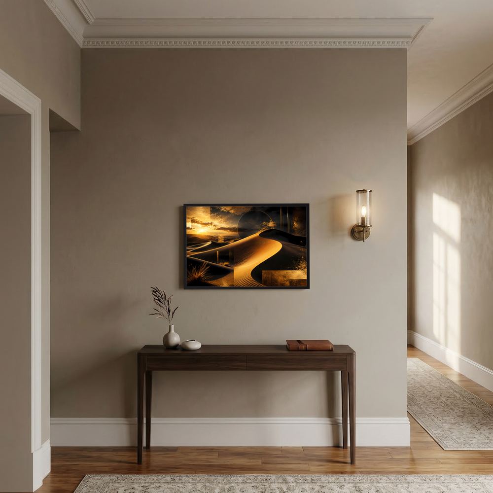 Gerahmtes Poster im Querformat mit goldener Wüstenlandschaft auf dunklem Hintergrund