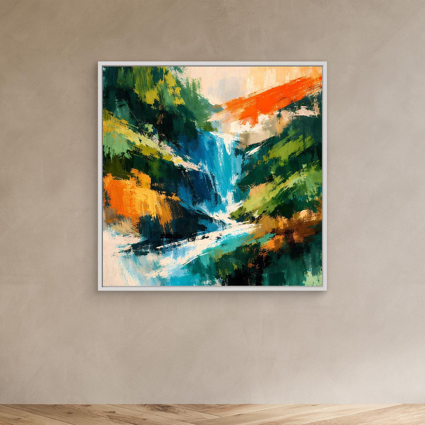 Abstraktes Leinwand-Wandbild mit Wasserfall in Türkis und Grün, im weißen Rahmen