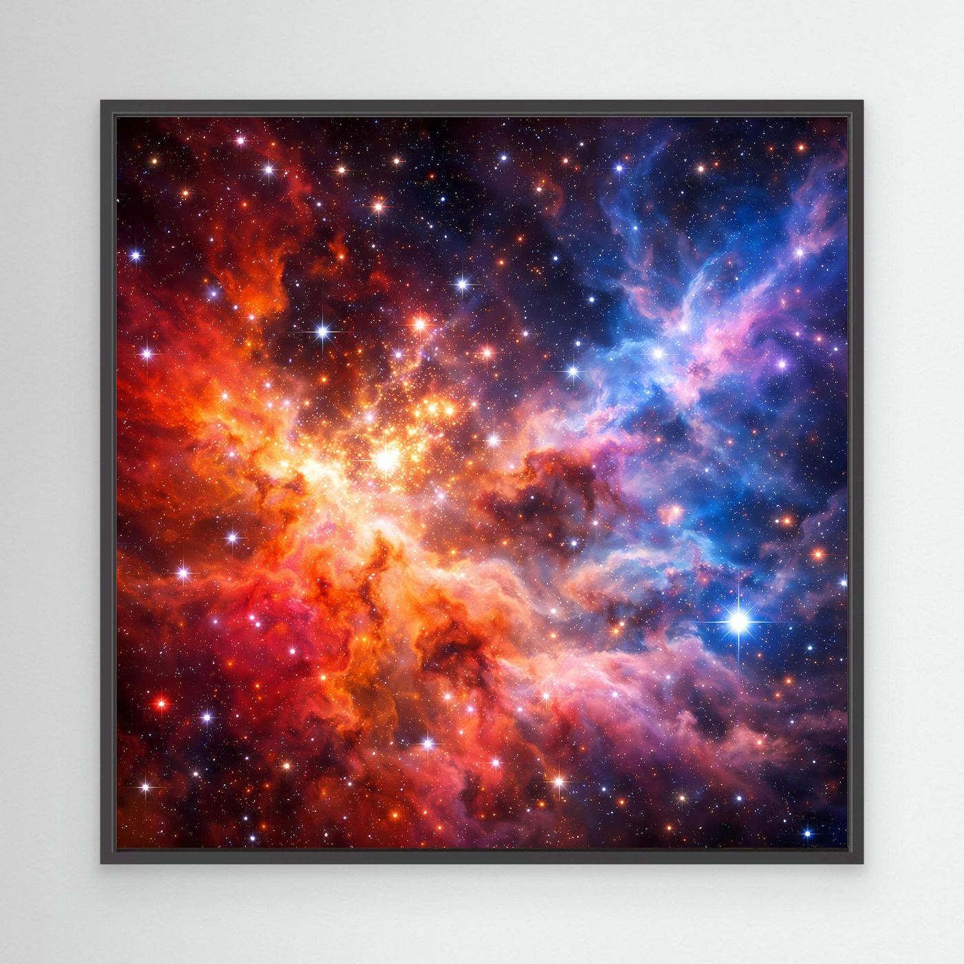 Leinwandbild mit buntem kosmischem Nebel und Sternen, rechteckig, schwarzer Rahmen