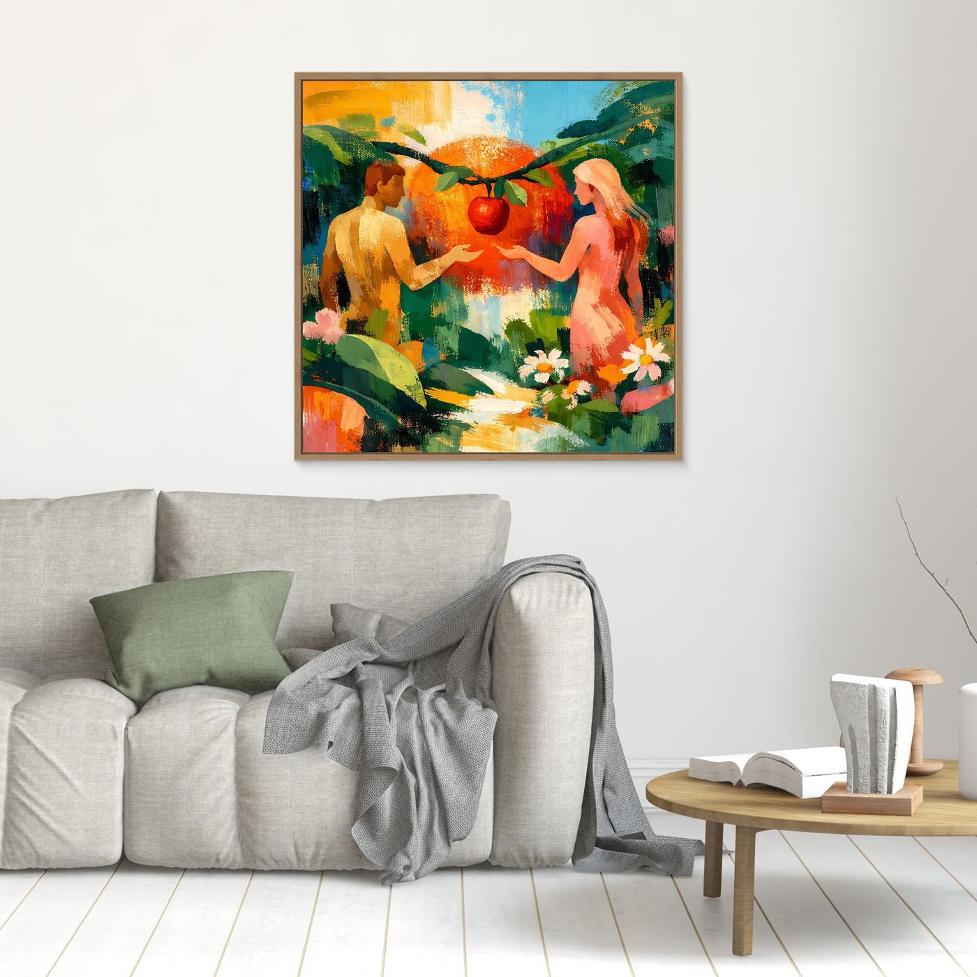 Framed abstract Eden wall art with two nude figures, red fruit, lush greenery and small flowers