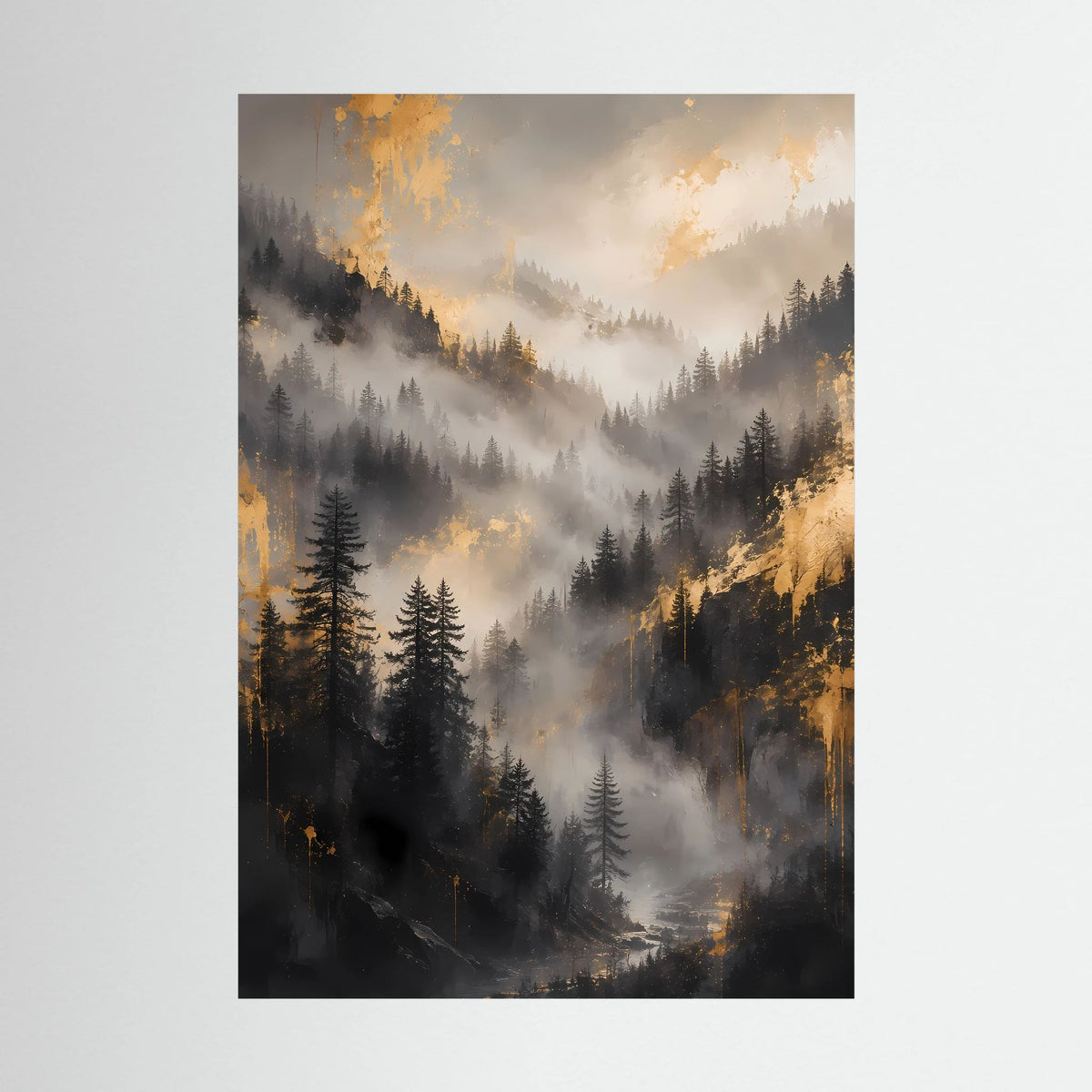Hochformat-Poster mit nebligem Wald und goldenen Lichtreflexen, Tannen im Vordergrund