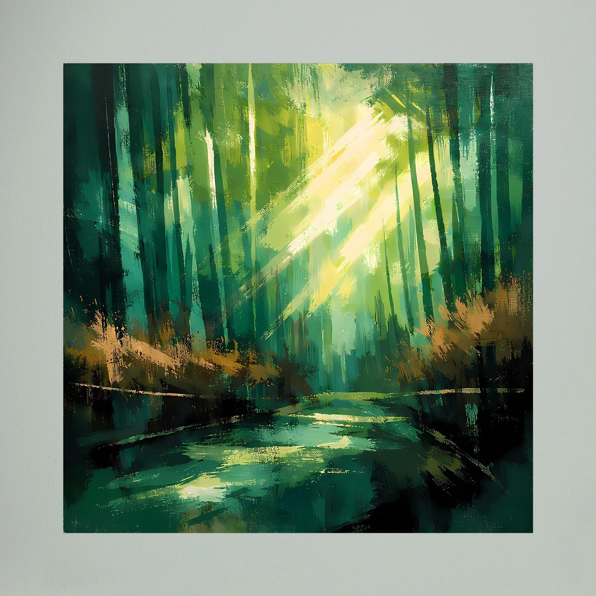 Abstraktes Wandbild auf Leinwand: grüner Wald, helle Lichtbahn, dunkler Flussverlauf