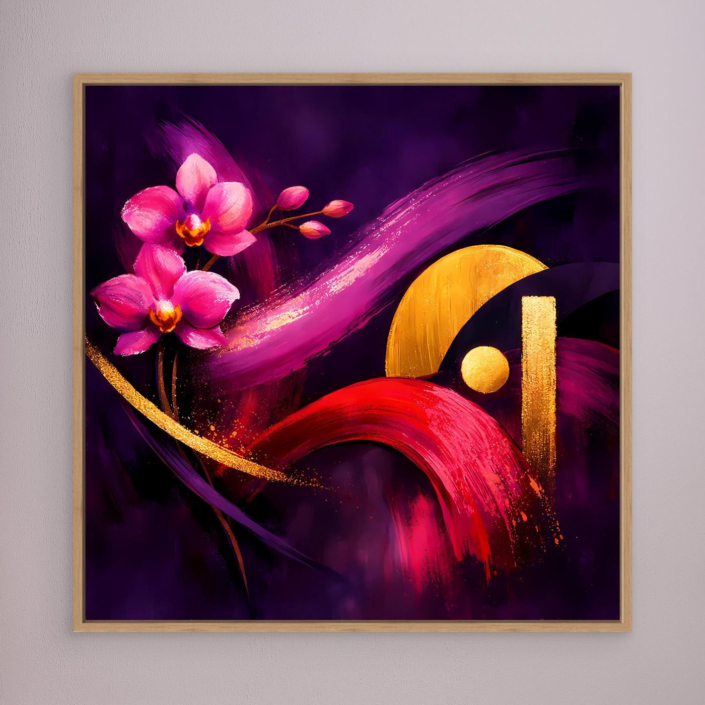 Leinwandbild mit rosa Orchideen und Goldakzenten in dunkellila, im hellbraunen Rahmen