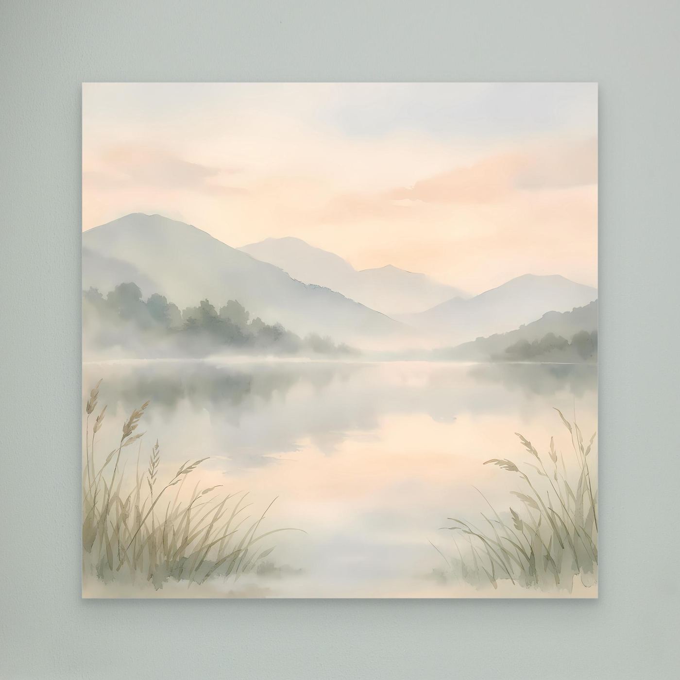 Leinwandbild nebliger Bergsee im Aquarellstil, Berge im Nebel, ruhiger See