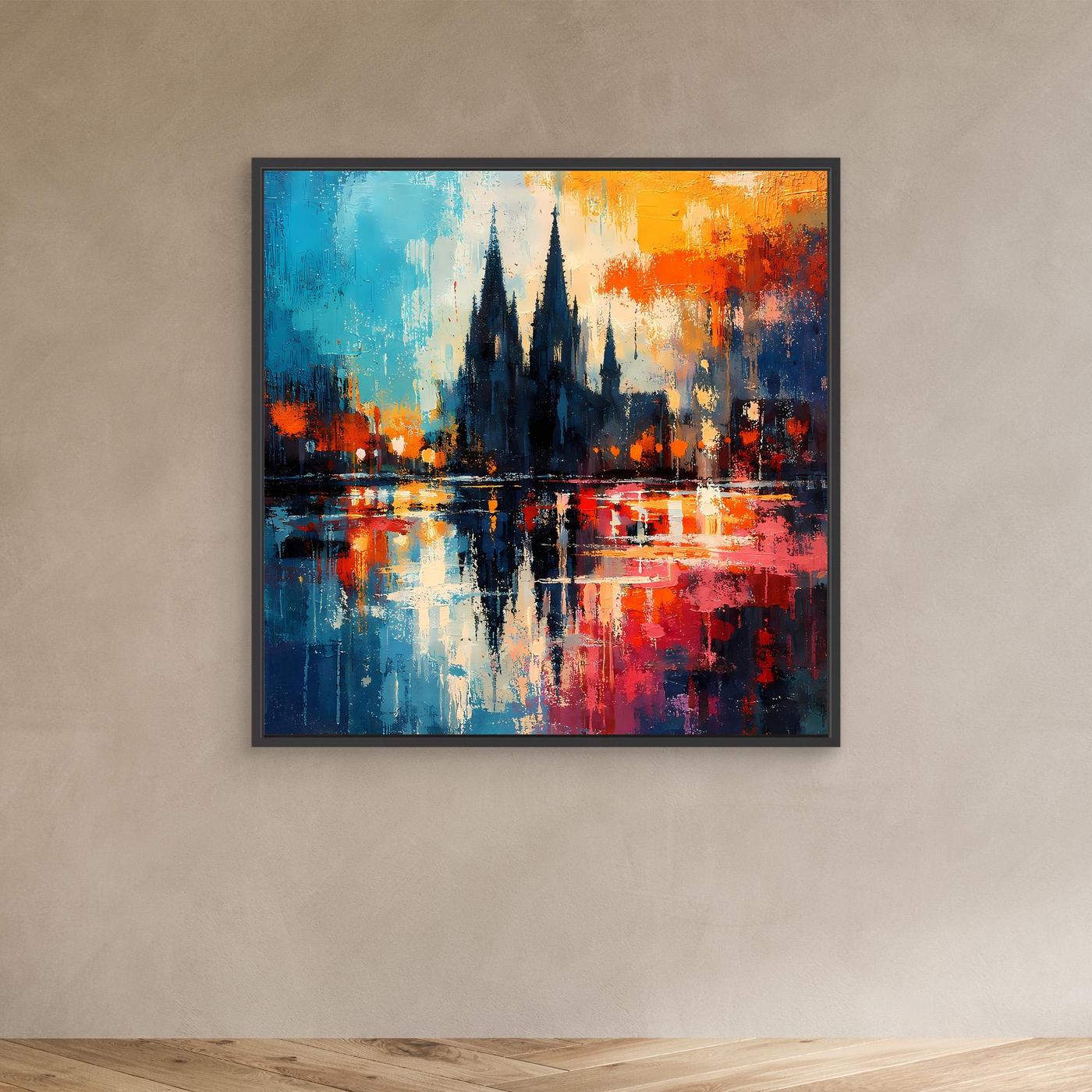 Abstraktes Leinwandbild mit Kathedraltürmen, Spiegelung im Fluss, schwarzer Rahmen