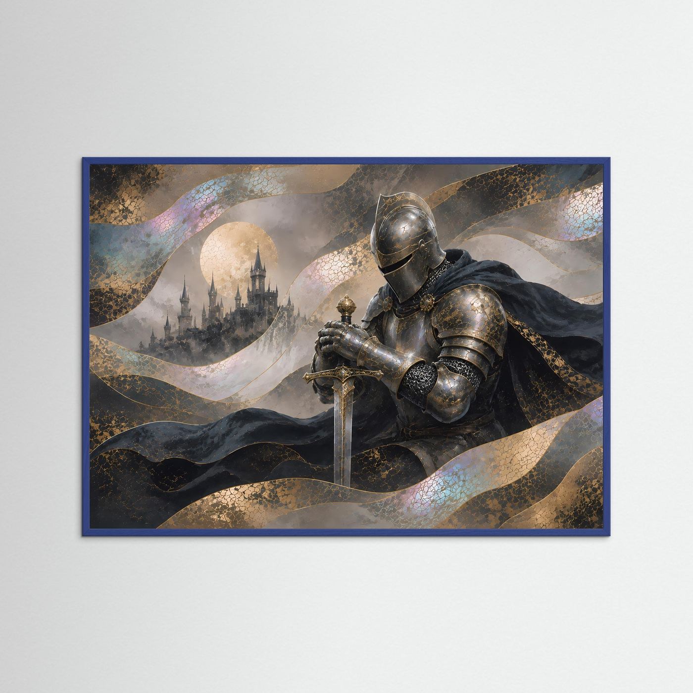 Mystischer Ritter vor Schloss | Mittelalterliche Fantasy-Kunst in Gold & Schwarz