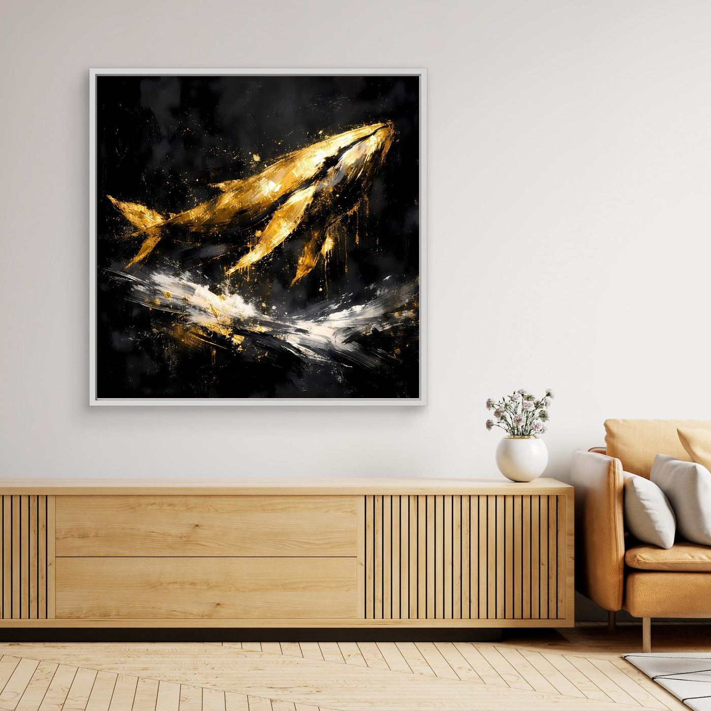 Leinwand Majestätischer Wal in Gold und Schwarz | Modernes Abstraktes Meeres Wandbild