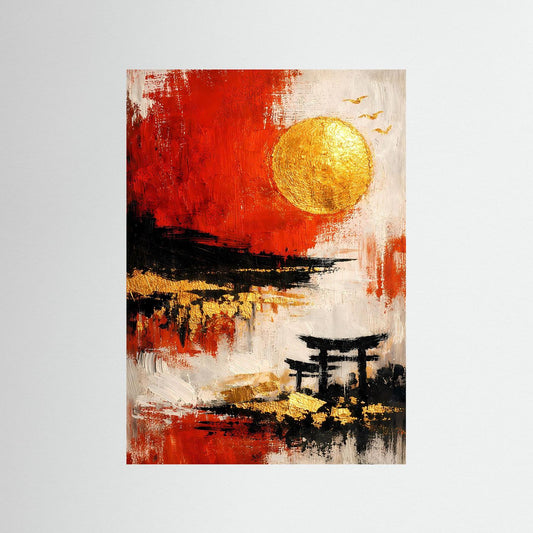 Abstraktes Torii-Poster: rote und cremefarbene Flächen mit goldenem Kreis