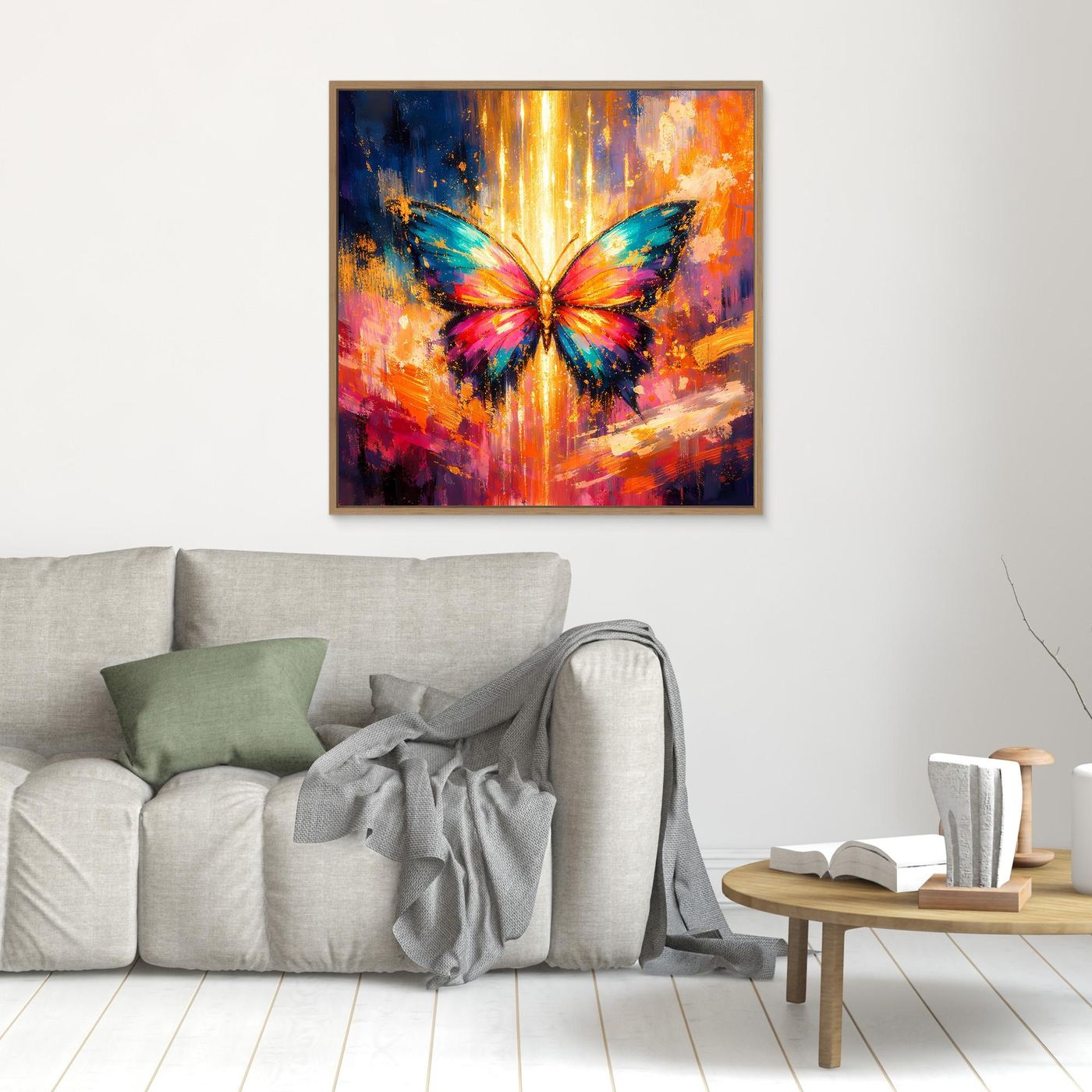 Wandbild mit farbenfrohem Schmetterling im Lichtstrahl auf Leinwand, im Holzrahmen