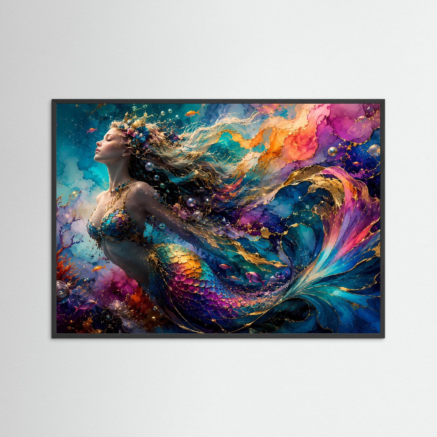 Meerjungfrau Poster | Farbenfrohe Unterwasser Fantasy Kunst | Mystische Sirene Wandbild | Ozean Leinwand | Luxuriöse Mermaid Wall Art